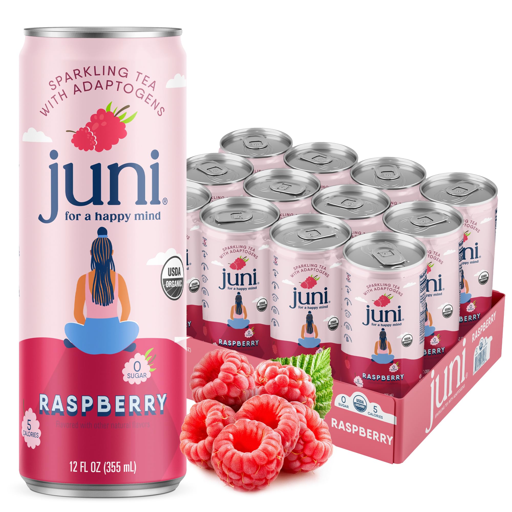 Juni Sparkling Adaptogen Drink with Ashwagandha, Lion’s Mane & Reishi Mushrooms | Green Tea for Focus, Zero Sugar, 5 Calories, Organic | Non Alcoholic Drinks - Variety Pack 12 pack