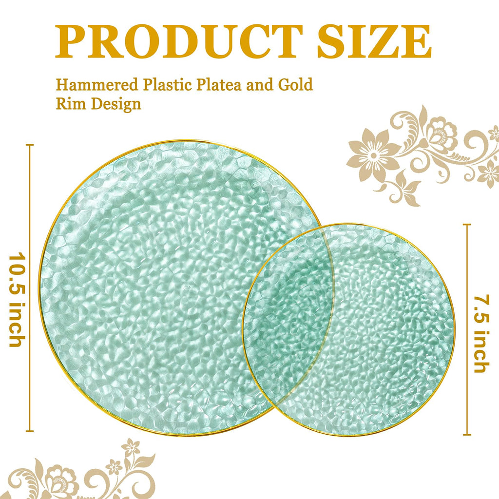 DaYammi 100 Pcs Clear Gold Plastic Plates, Hammered Party Plate, Fancy Plastic Plates Disposable Clear Disposable Dessert Platos, 7 Inch Heavy duty Plastic Dessert Platos for Party & Wedding