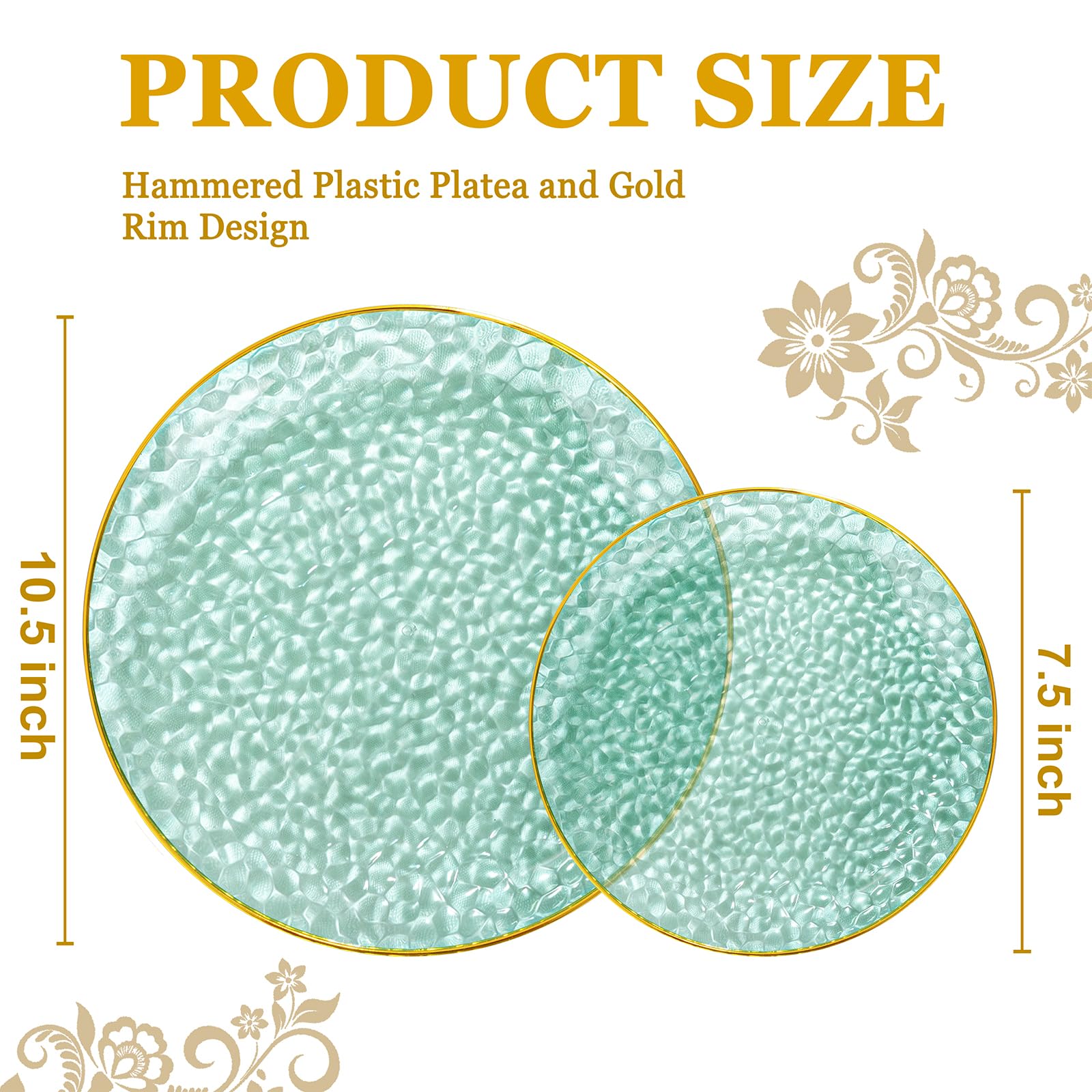 DaYammi 100 Pcs Clear Gold Plastic Plates, Hammered Party Plate, Fancy Plastic Plates Disposable Clear Disposable Dessert Platos, 7 Inch Heavy duty Plastic Dessert Platos for Party & Wedding