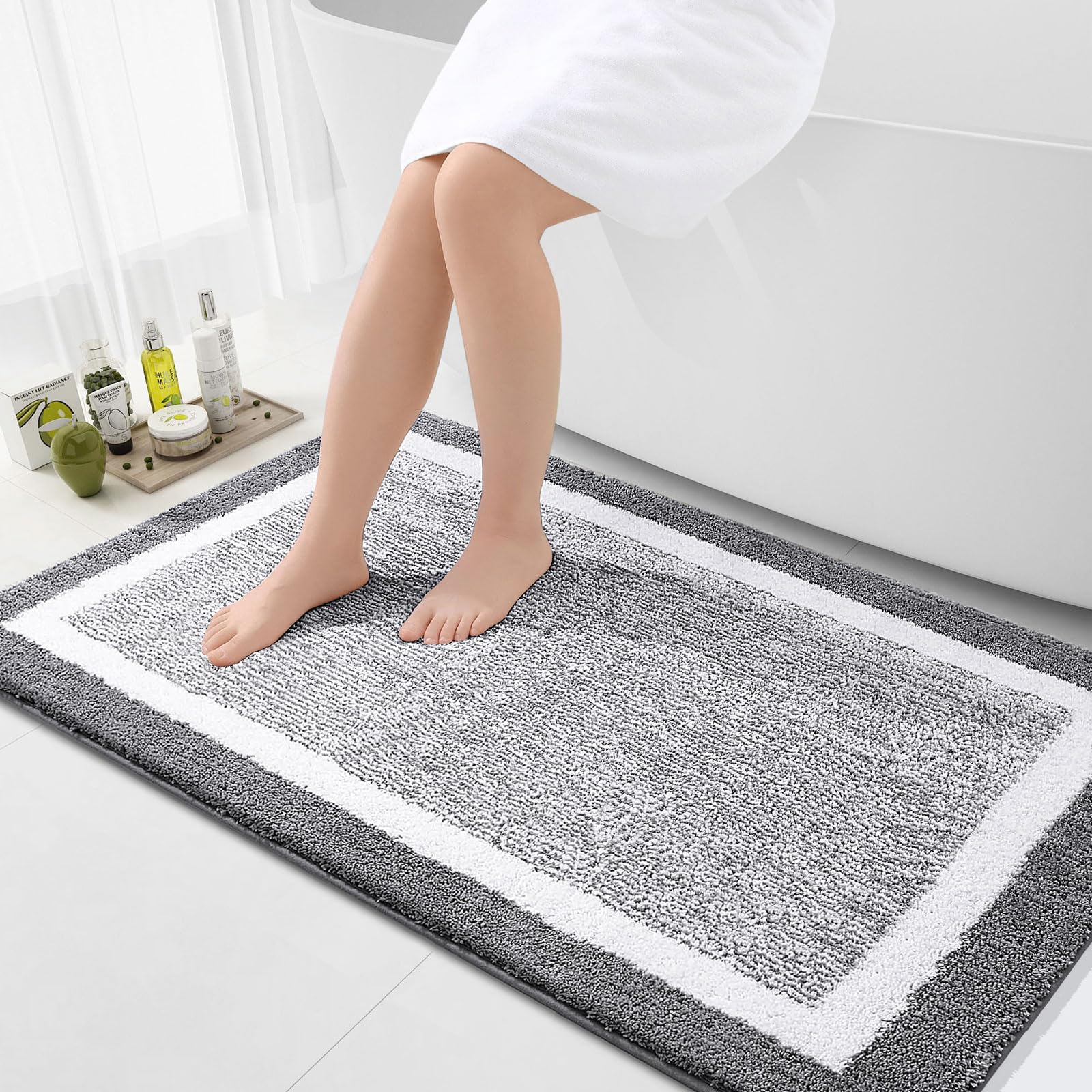 OLANLY Small Bathroom Rugs 24x16, Extra Soft and Absorbent Microfiber Bath Rugs, Non-Slip, Machine Washable, Quick Dry Shaggy Bath Carpet, Bath Mats for Bathroom Floor, Tub, Shower, Grey