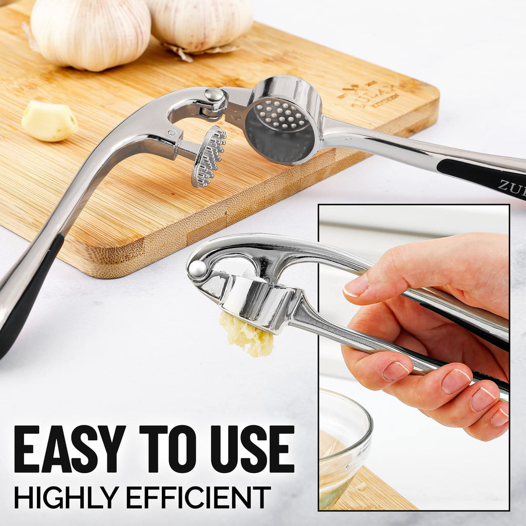 Zulay Kitchen Premium Garlic Press Set - Rust Proof Professional Garlic Mincer Tool - Easy-Squeeze, Easy-Clean with Soft, Ergonomic Handle - Silicone Garlic Peeler & Brush (Silver)