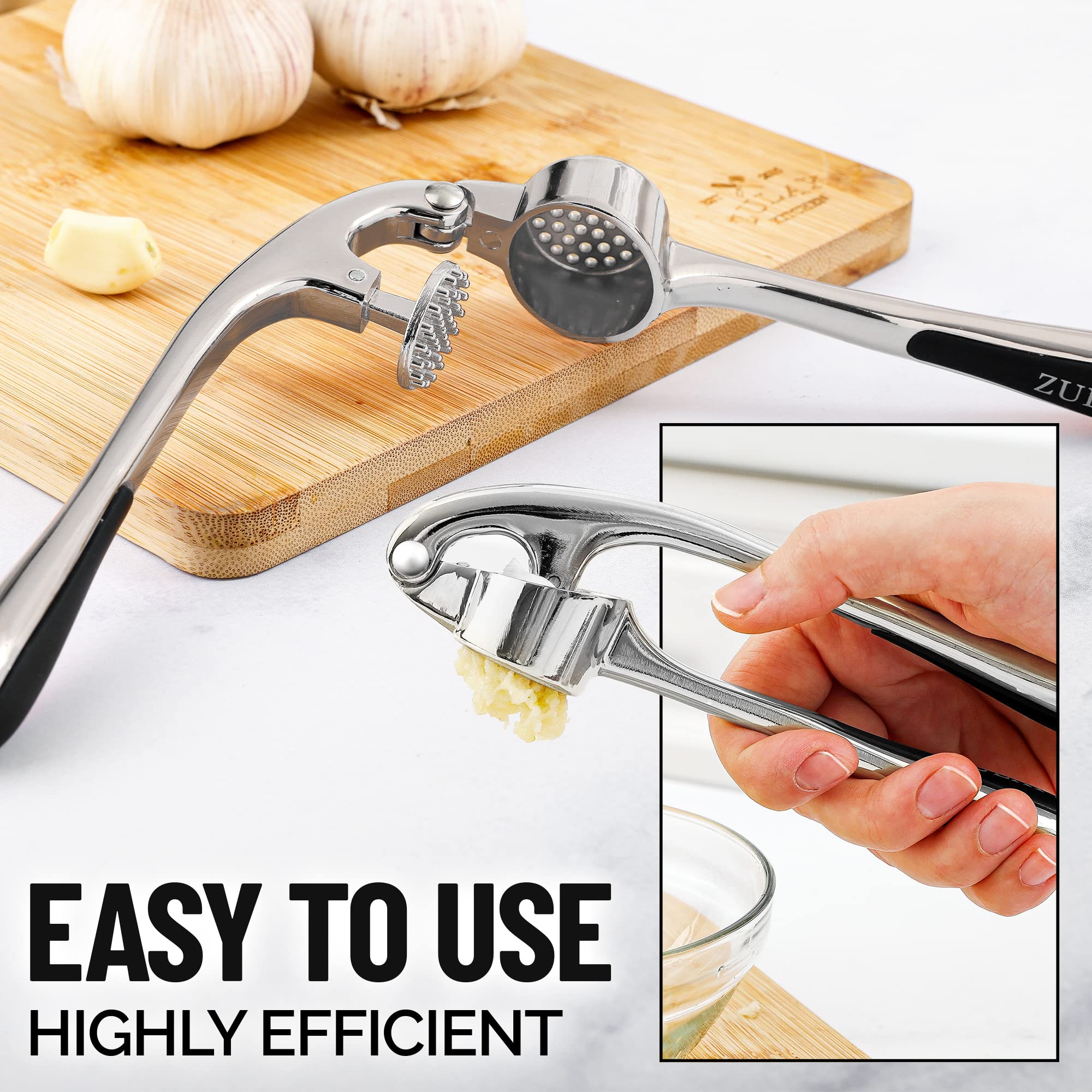 Zulay Kitchen Premium Garlic Press Set - Rust Proof Professional Garlic Mincer Tool - Easy-Squeeze, Easy-Clean with Soft, Ergonomic Handle - Silicone Garlic Peeler & Brush (Silver)
