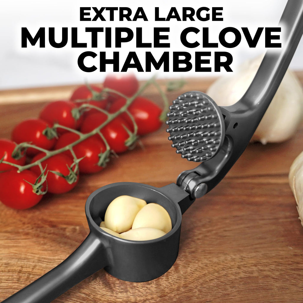 Zulay Kitchen Premium Garlic Press Set - Rust Proof Professional Garlic Mincer Tool - Easy-Squeeze, Easy-Clean with Soft, Ergonomic Handle - Silicone Garlic Peeler & Brush (Silver)
