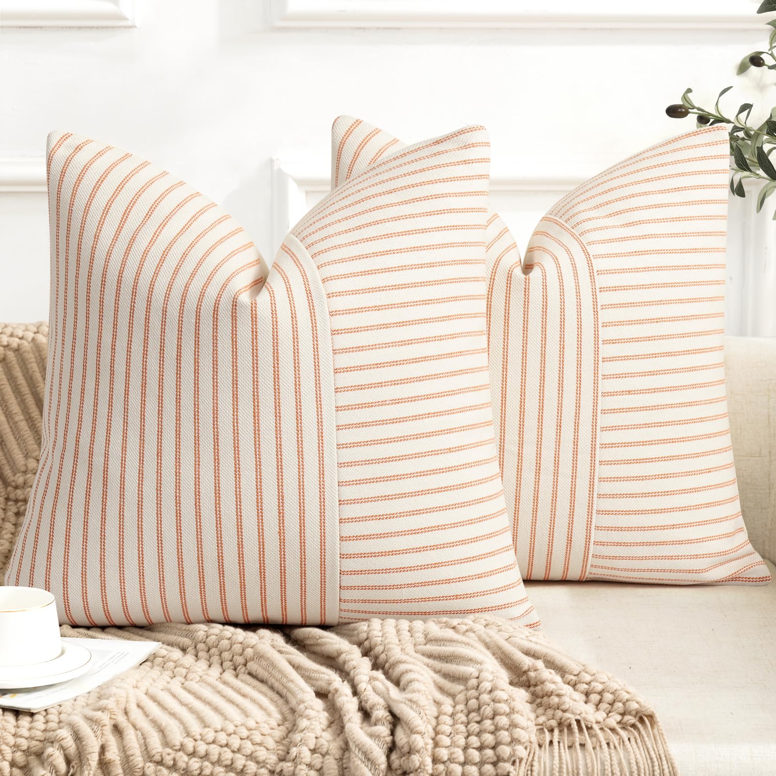 YCOLL Farmhouse Pillow Covers 18x18, Modern Accent Square Throw Pillow Covers Set of 2, Gray and Beige Striped Patchwork Linen Decorative Pillows Cushion Covers for Couch Chair Bedroom Home Decor