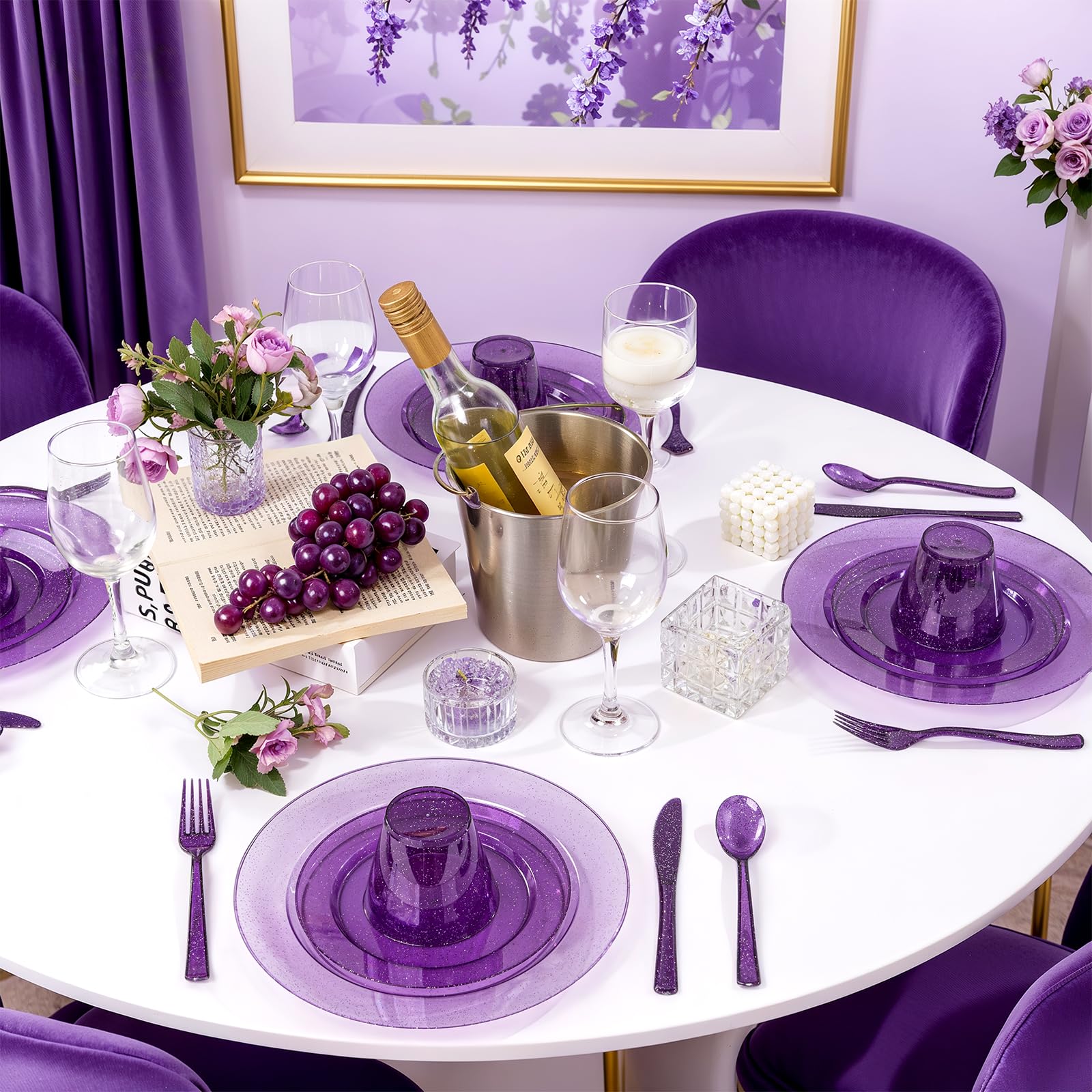 DaYammi 350PCS Gold Plastic Dinnerware Set for 50 Guests, Fancy Disposable Plates for Party, Include: 50 Dinner Plates, 50 Dessert Plates, 50 Pre Rolled Napkins with Gold Silverware, 50 Cups