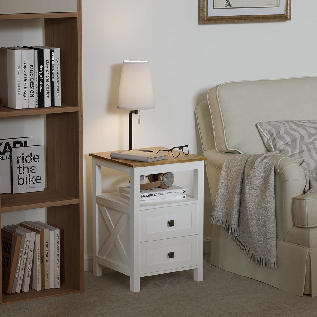 WOPITUES Nightstand with Charging Station, Farmhouse Night Stand with Drawers, Bedside Table, End Table for Bedroom, Living Room, Rustic White & Rustic Brown