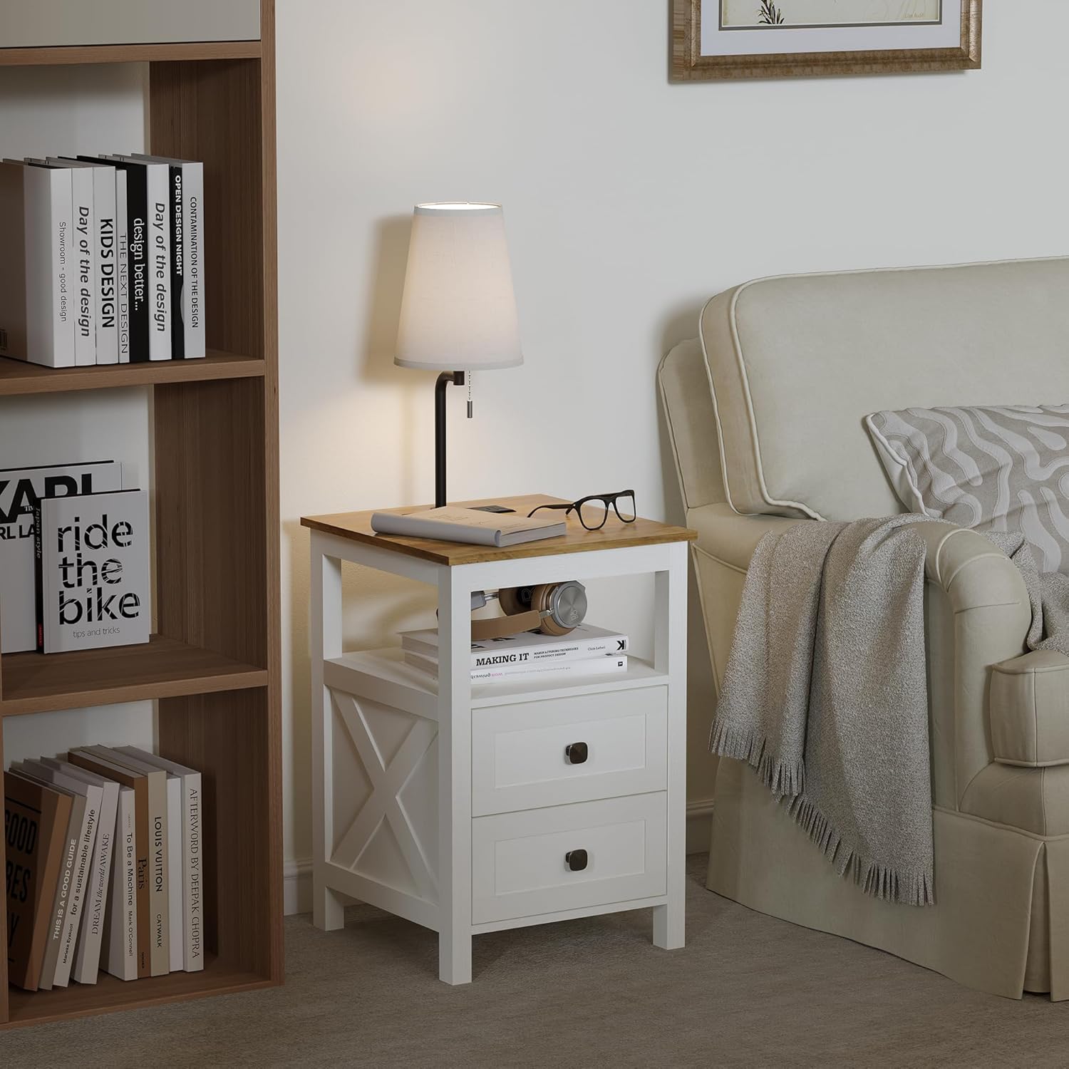 WOPITUES Nightstand with Charging Station, Farmhouse Night Stand with Drawers, Bedside Table, End Table for Bedroom, Living Room, Rustic White & Rustic Brown