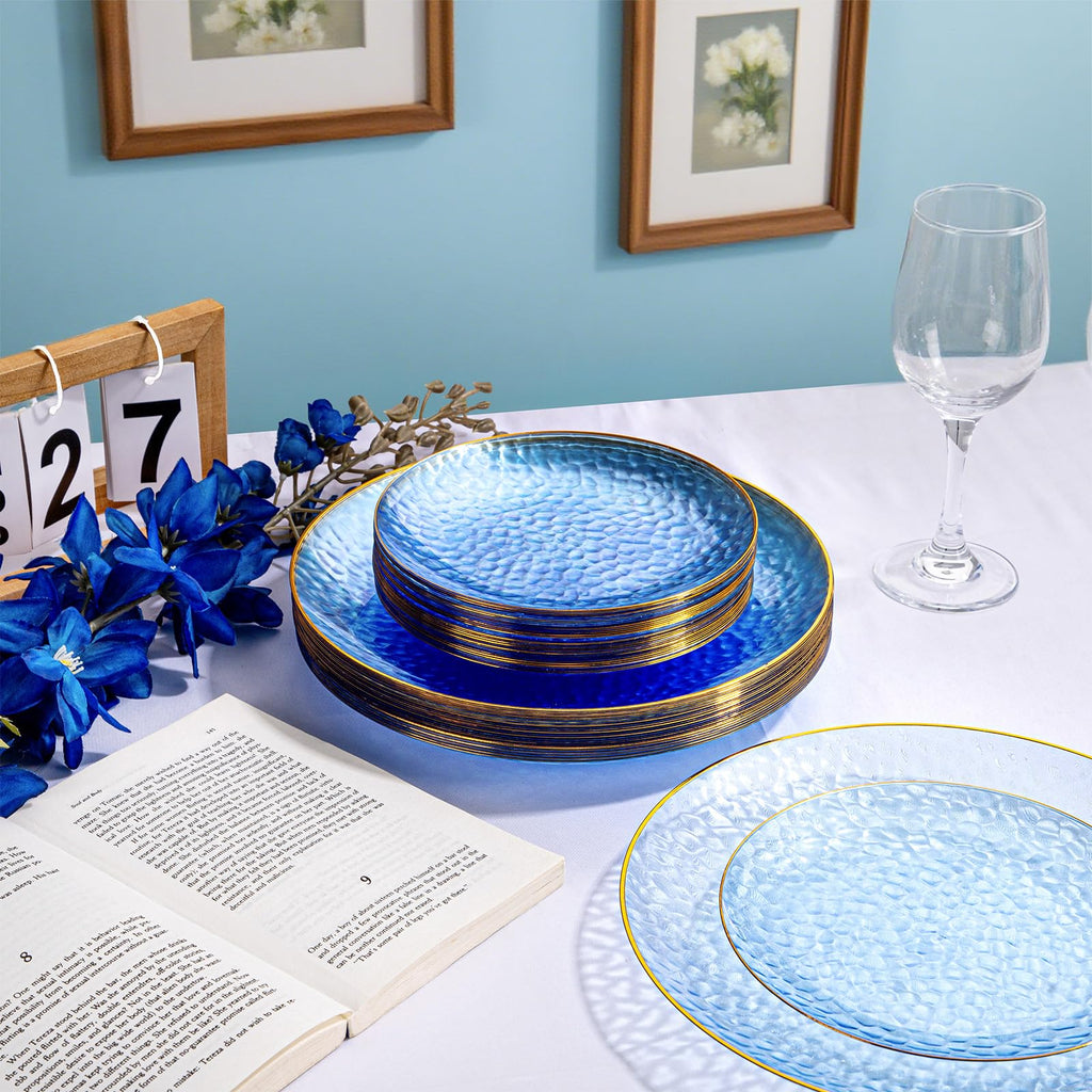 DaYammi 100 Pcs Clear Gold Plastic Plates, Hammered Party Plate, Fancy Plastic Plates Disposable Clear Disposable Dessert Platos, 7 Inch Heavy duty Plastic Dessert Platos for Party & Wedding
