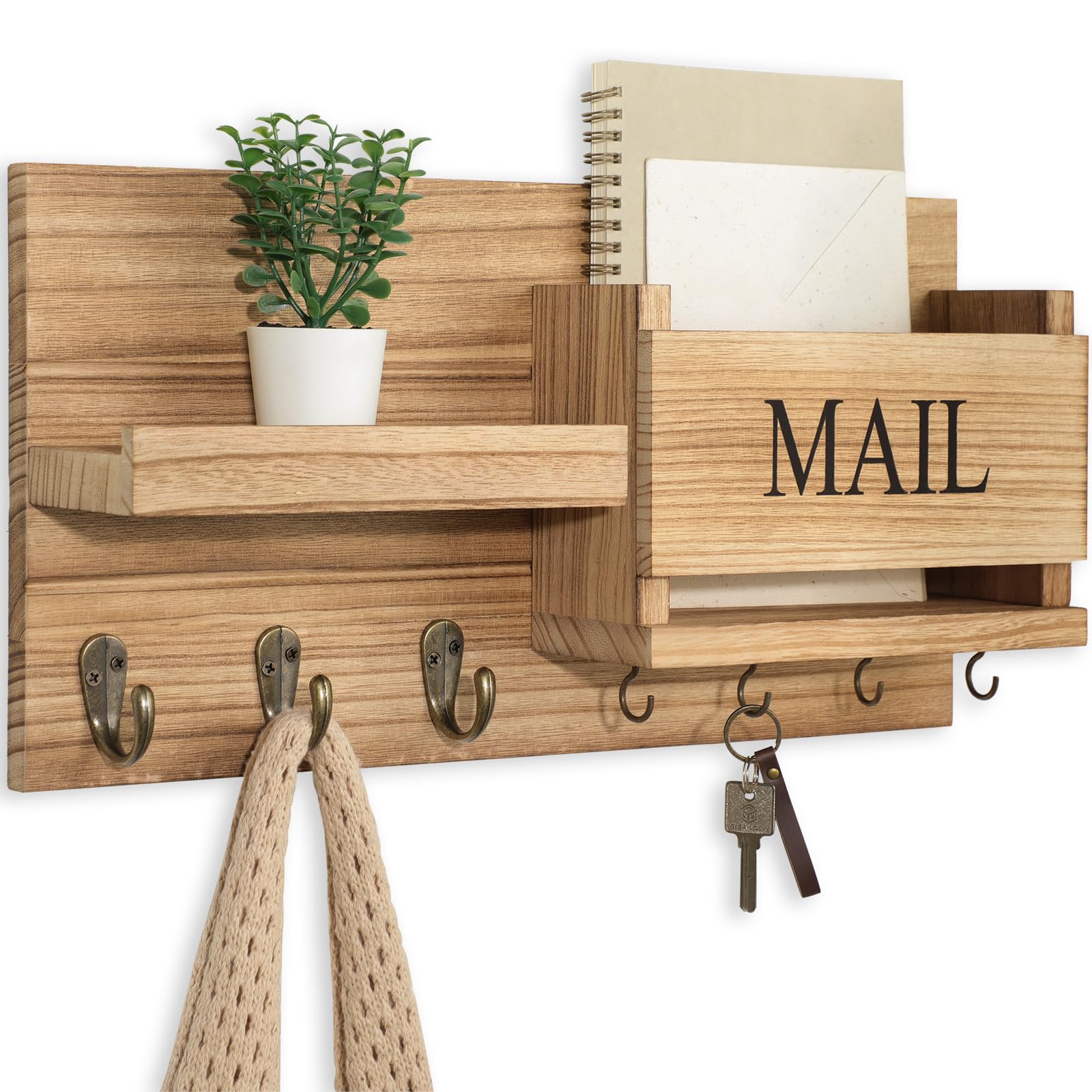 Mail Organizer for Wall Mount – Key Holder with Shelf Includes Letter Holder and Hooks for Hallway Farmhouse Decor – Rustic Wood with Flush Mounting Hardware (16.5” x 9.1” x 3.4”) (White)