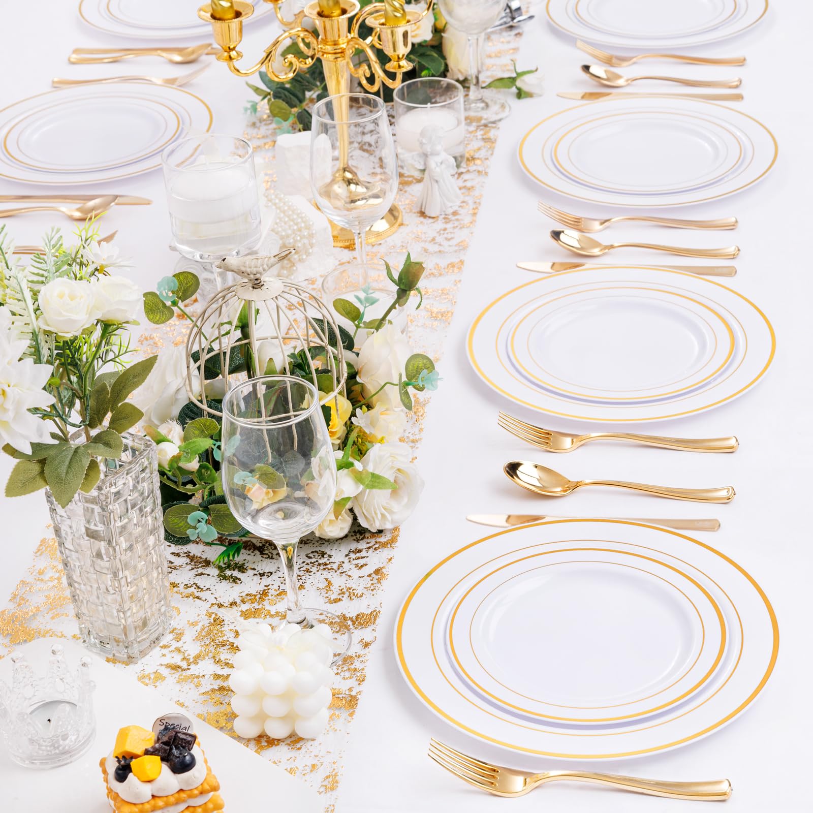 DaYammi 150pcs Gold Plastic Dinnerware Sets, Includes: 30 Gold Rim Dinner Plates, 30 Salad Plates, 30 Plastic Silverware Set, Perfect Fancy Disposable Plates for Party and Wedding