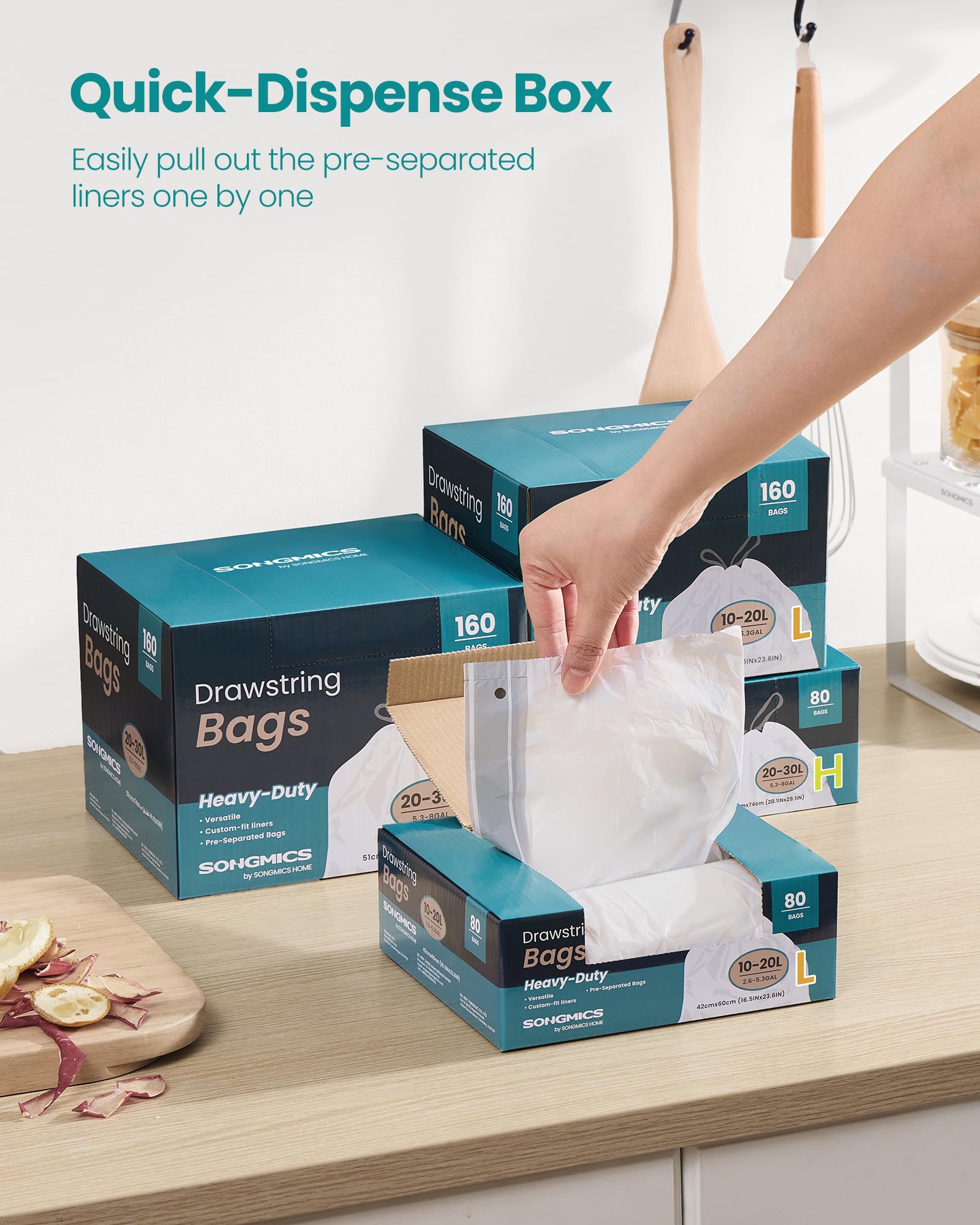 SONGMICS Trash Bags for 8-Gallon (30 L) Trash Cans, Drawstring Kitchen Garbage Bags, Pre-Separated, Liner Code 30A, 2 Rolls, 90 Count, White UKRB30A02