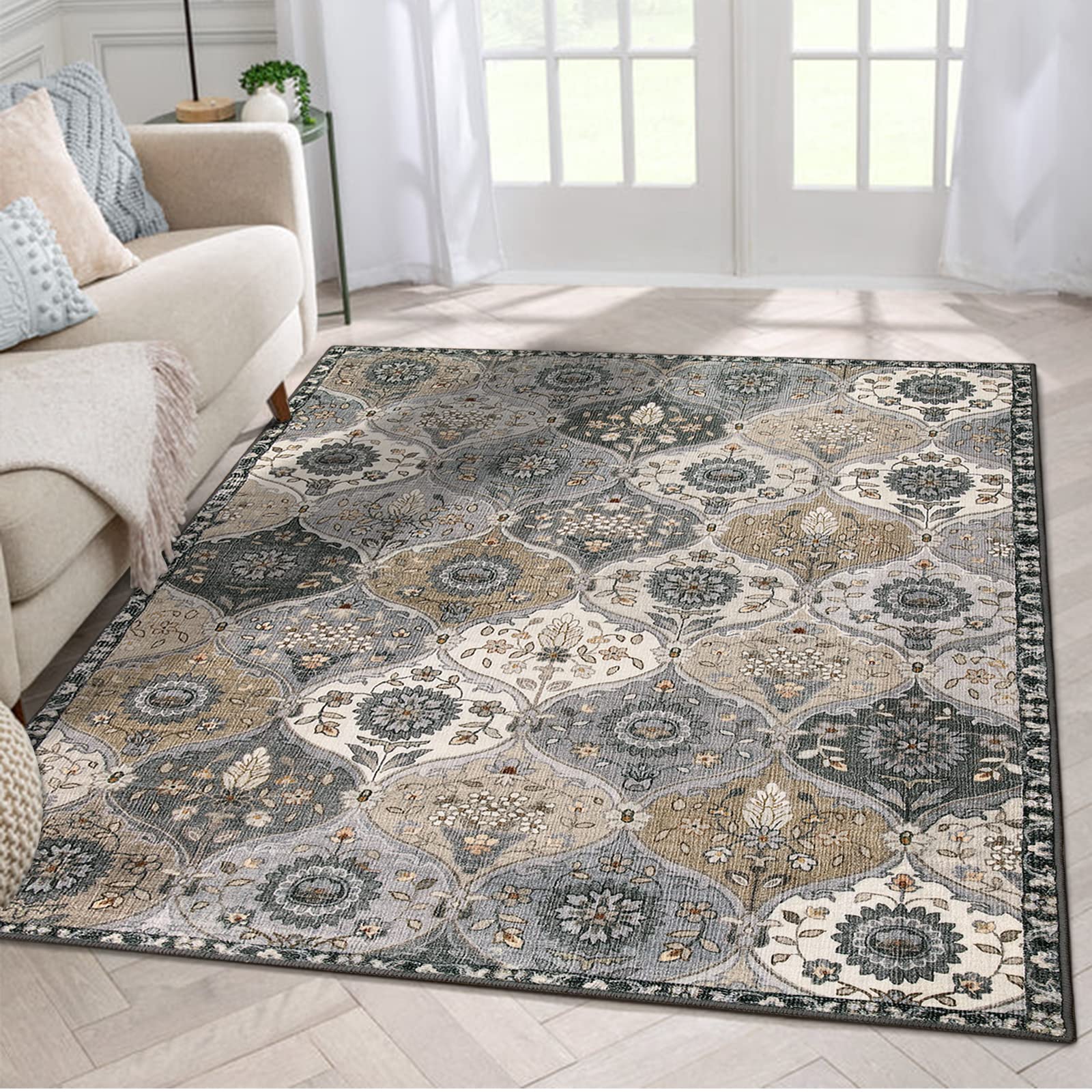 Lahome Moroccan Trellis Washable Rug, 2x3 Kitchen Rugs for Entryway Bathroom, Non-Slip Indoor Door Mat Ultra-Thin, Small Oriental Throw Carpet for Bedroom Entry Elise, Cream/Multi