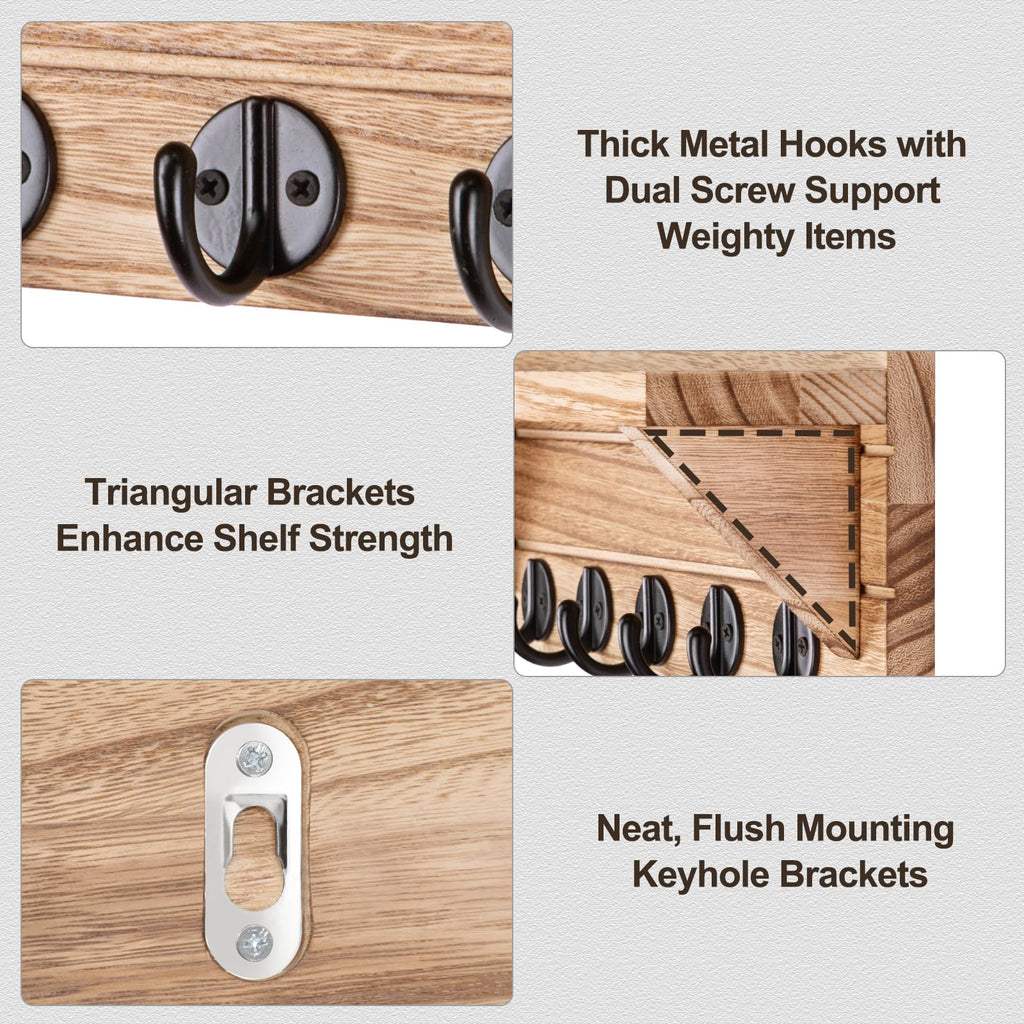 Wall Key Holder with Shelf, Rustic Shelf with Hooks Made of Paulownia Wood Holds Keys, Dog Leash, Bags and More - 13.7" W x 4.7" H x 3.5" D Decorative Key Hanger and Entryway Shelf (Gray)