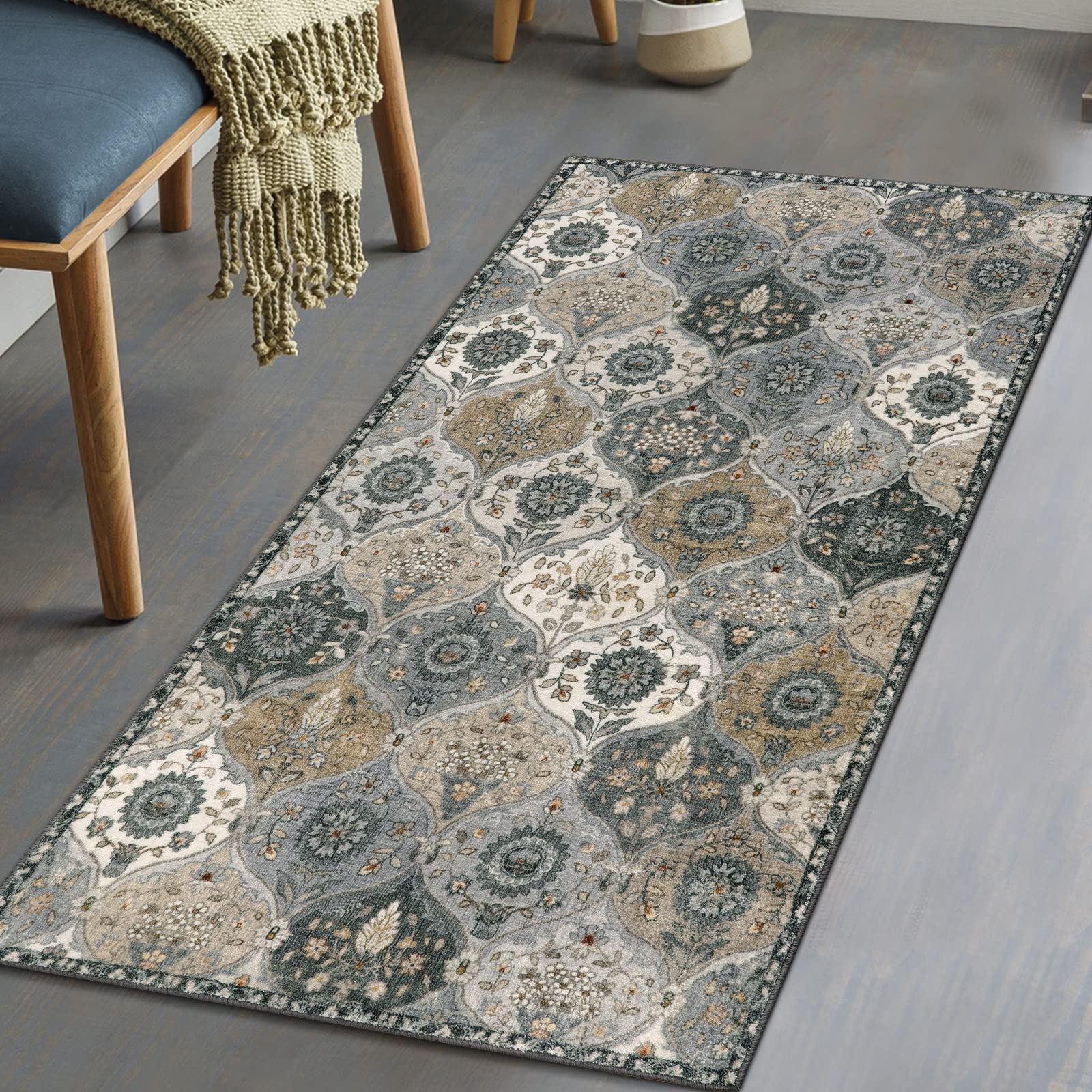 Lahome Moroccan Trellis Washable Rug, 2x3 Kitchen Rugs for Entryway Bathroom, Non-Slip Indoor Door Mat Ultra-Thin, Small Oriental Throw Carpet for Bedroom Entry Elise, Cream/Multi
