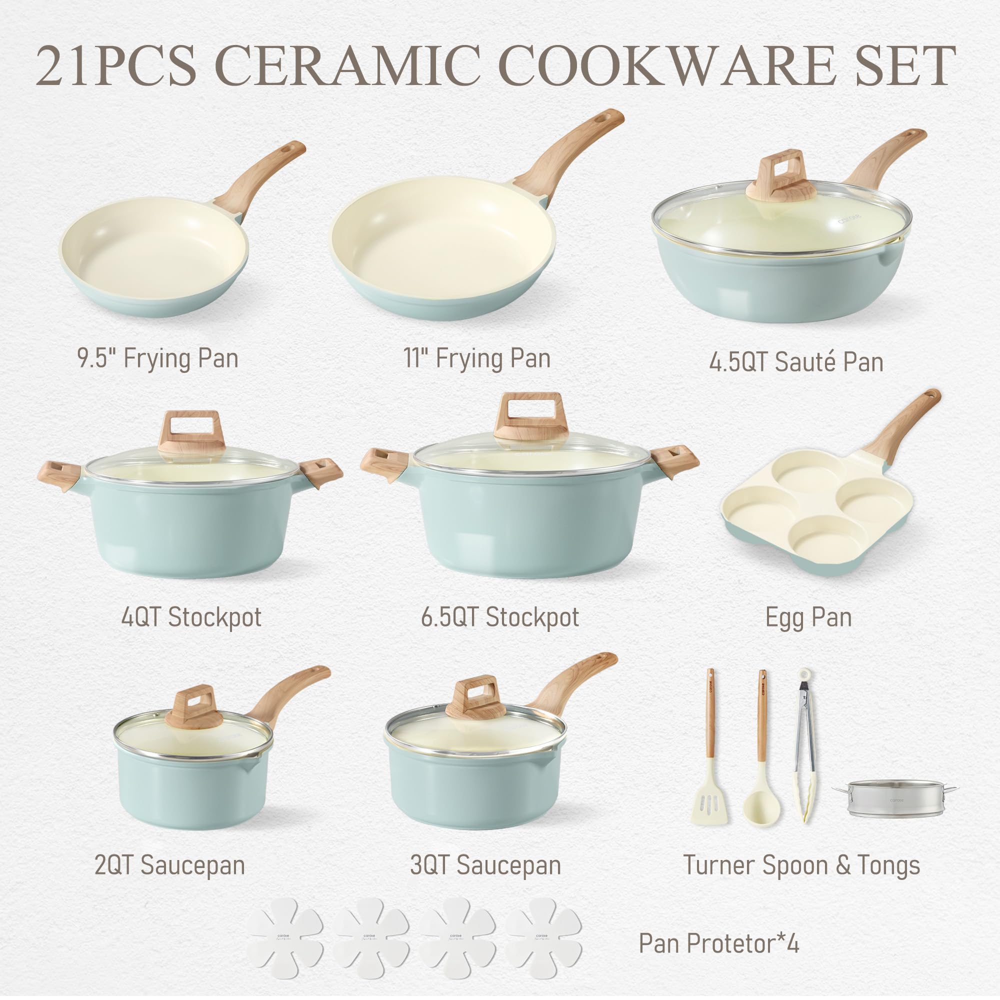 CAROTE 21Pcs Pots and Pans Set, Nonstick Cookware Sets, White Granite Induction Cookware Non Stick Cooking Set w/Frying Pans & Saucepans(PFOS, PFOA Free)