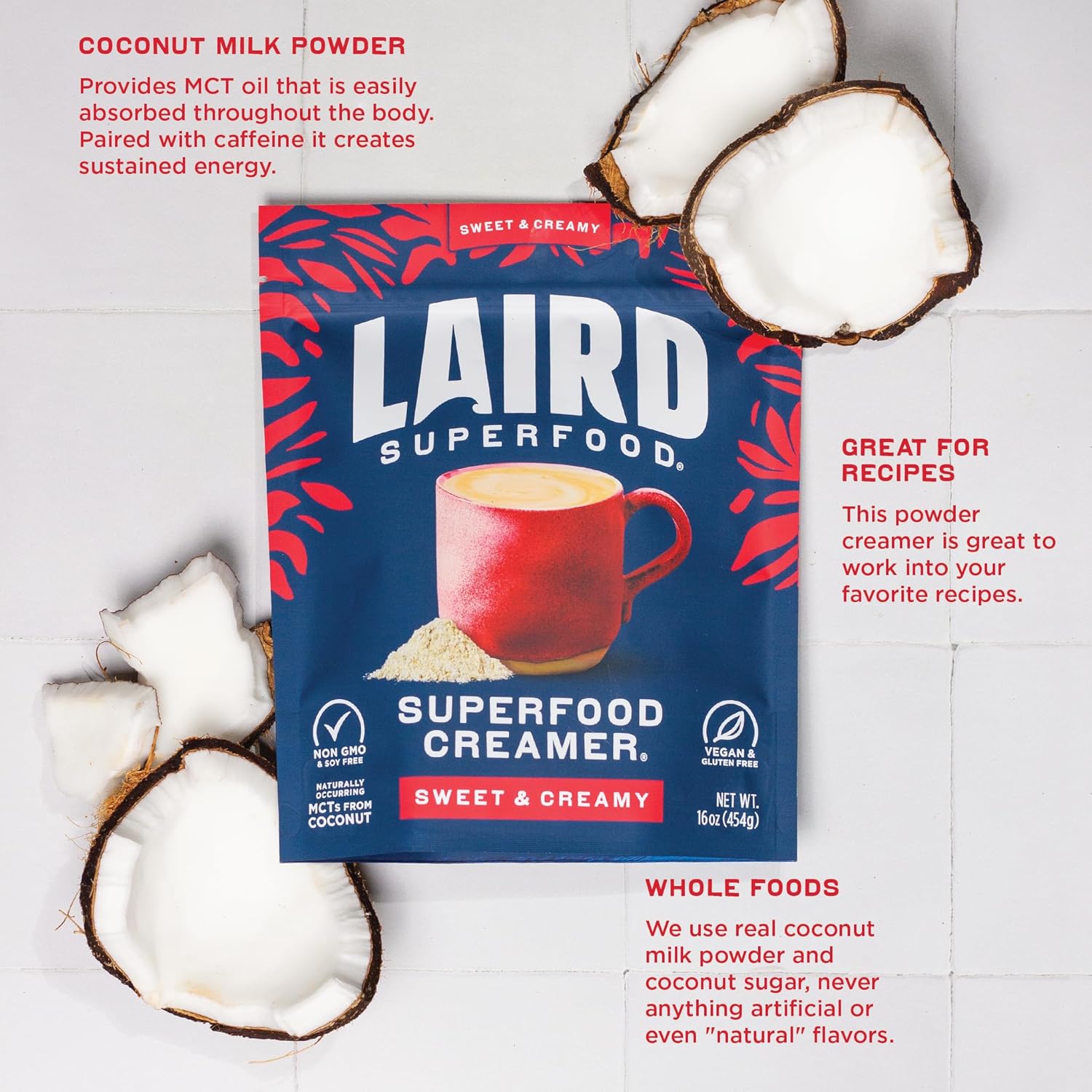 Laird Superfood Non-Dairy Coconut Powder Creamer - Sweet & Creamy + Adaptogens - Superfood Creamer with Functional Mushrooms - Non-GMO, Vegan, 8 oz. Bag, Pack of 1