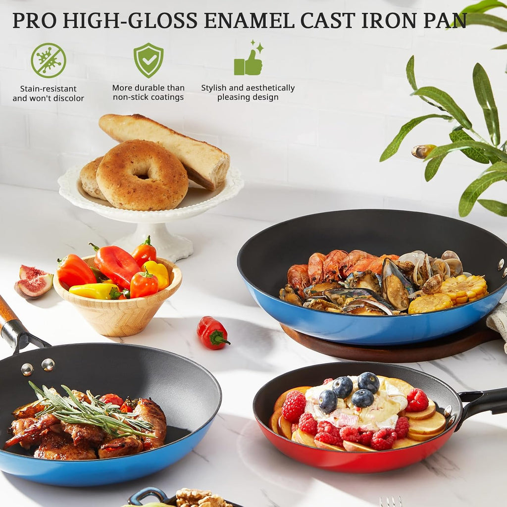 KITESSENSU Enameled Cast Iron Skillets - Non Stick Frying Pans Set with Durable Wooden Handle - 8&10&12 Inch Cast Iron Pans for Multi-Cooking - Pre Seasoned Cookware Set - Gradual Burgundy Red