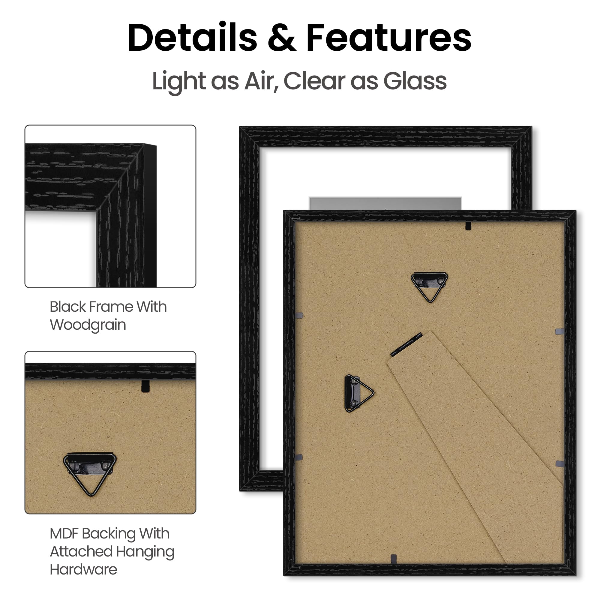 upsimples 8x10 Picture Frame, Lightweight Thin Frame for Prints, Display 5x7 with Mat or 8x10 Without, Easy Wall Hanging, Black 2 Pack