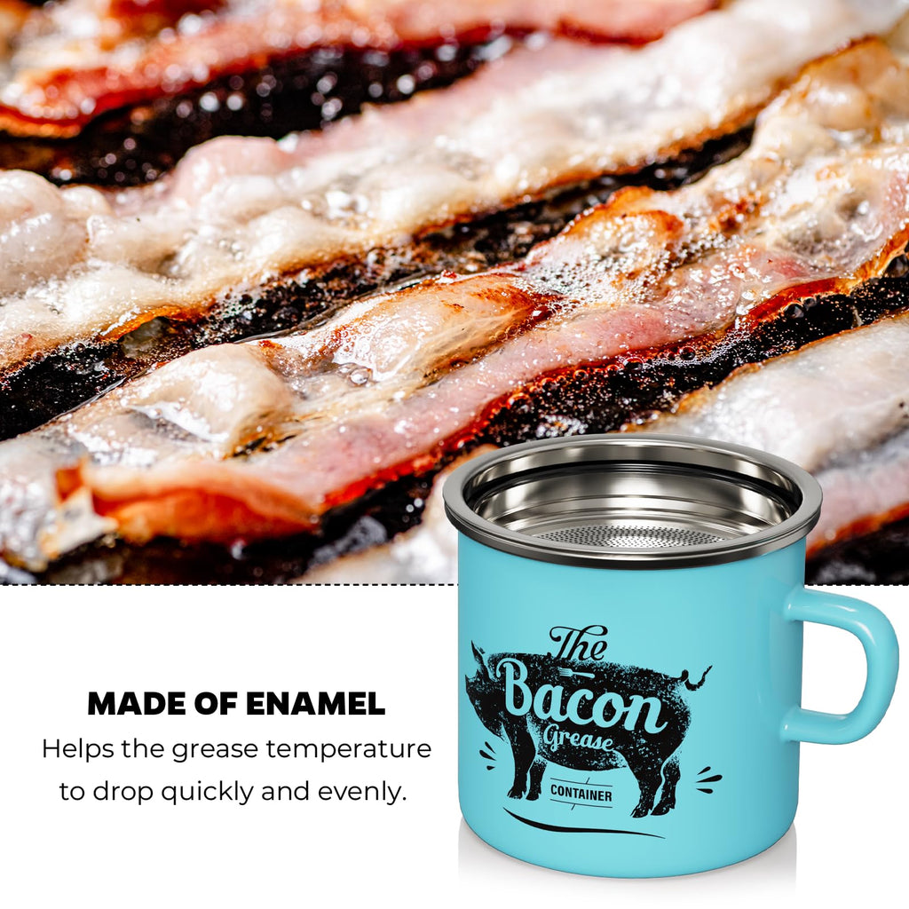 PGYARD Mini Bacon Grease Container With Strainer - 15OZ Enamel Grease Saver, Farmhouse Bacon Grease Keeper For Kitchen Fat Storage, Dishwasher Safe-Red