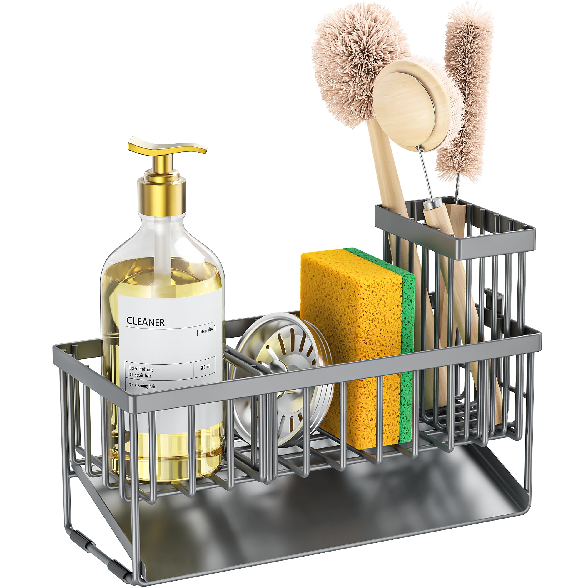 Cisily Sink Caddy Sponge Holder for Kitchen with Brush Holder and Stainless Steel Self Drain Tray, Rustproof Kitchen Sink Organizer for Sponge, Soap Dispenser Storage Accessories