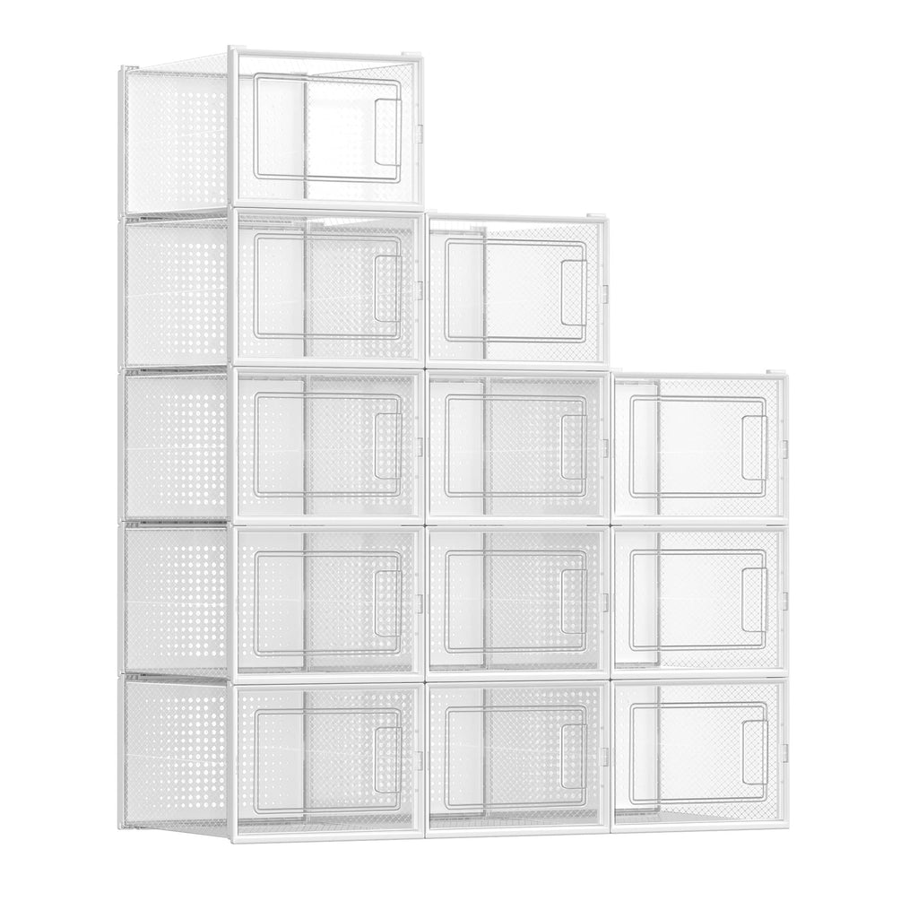 SONGMICS Shoe Boxes, Pack of 12 Shoe Storage Organizers, Stackable Clear Plastic Boxes for Closet, Sneakers, 13.1 x 9.1 x 5.6 Inches, Transparent and White ULSP12SWT