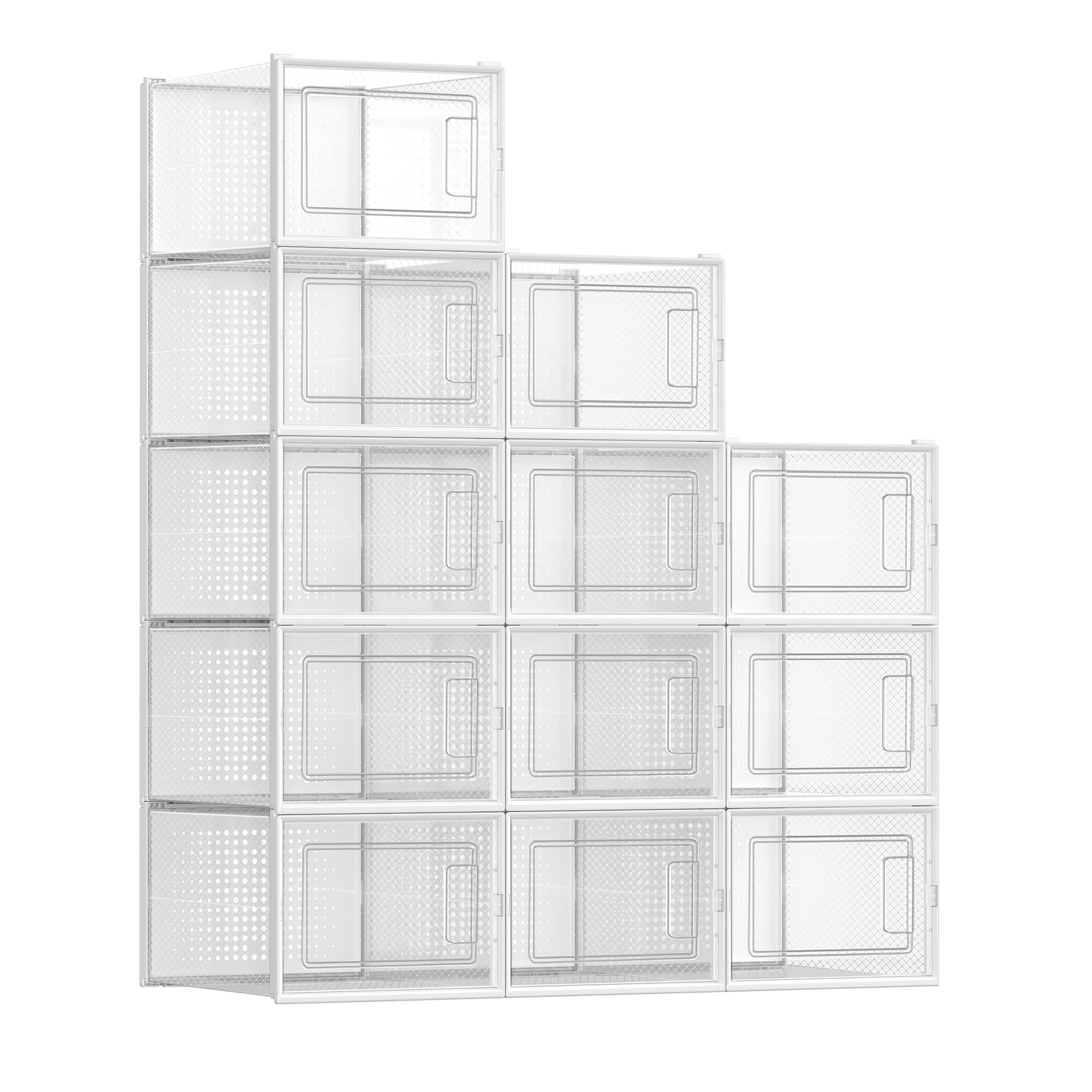 SONGMICS Shoe Boxes, Pack of 12 Shoe Storage Organizers, Stackable Clear Plastic Boxes for Closet, Sneakers, 13.1 x 9.1 x 5.6 Inches, Transparent and White ULSP12SWT