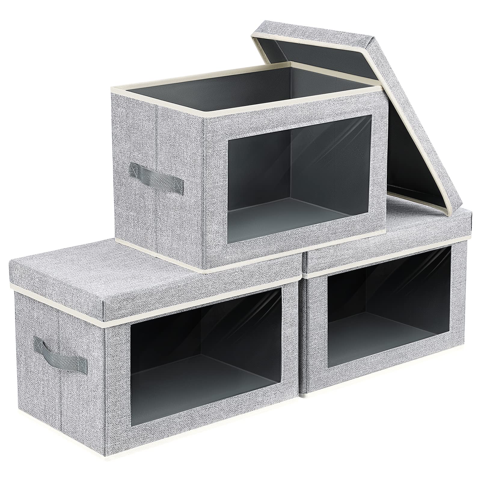 Homsorout Storage Bins with Lids - Fabric Storage Boxe with Window, Collapsible Closet Organizers with Handles, 3 Pack Decorative Bin, Home Cubes Baskets for Clothes, Hat, Books, Dark Grey