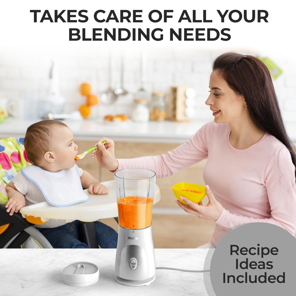 Mueller Smoothie Blender for Smoothies - Personal Blender for Shakes, Frozen Drinks, Baby Food & More, 15oz Travel Cup and Lid, Durable Stainless Steel Blades for Powerful Blending Performance, Black