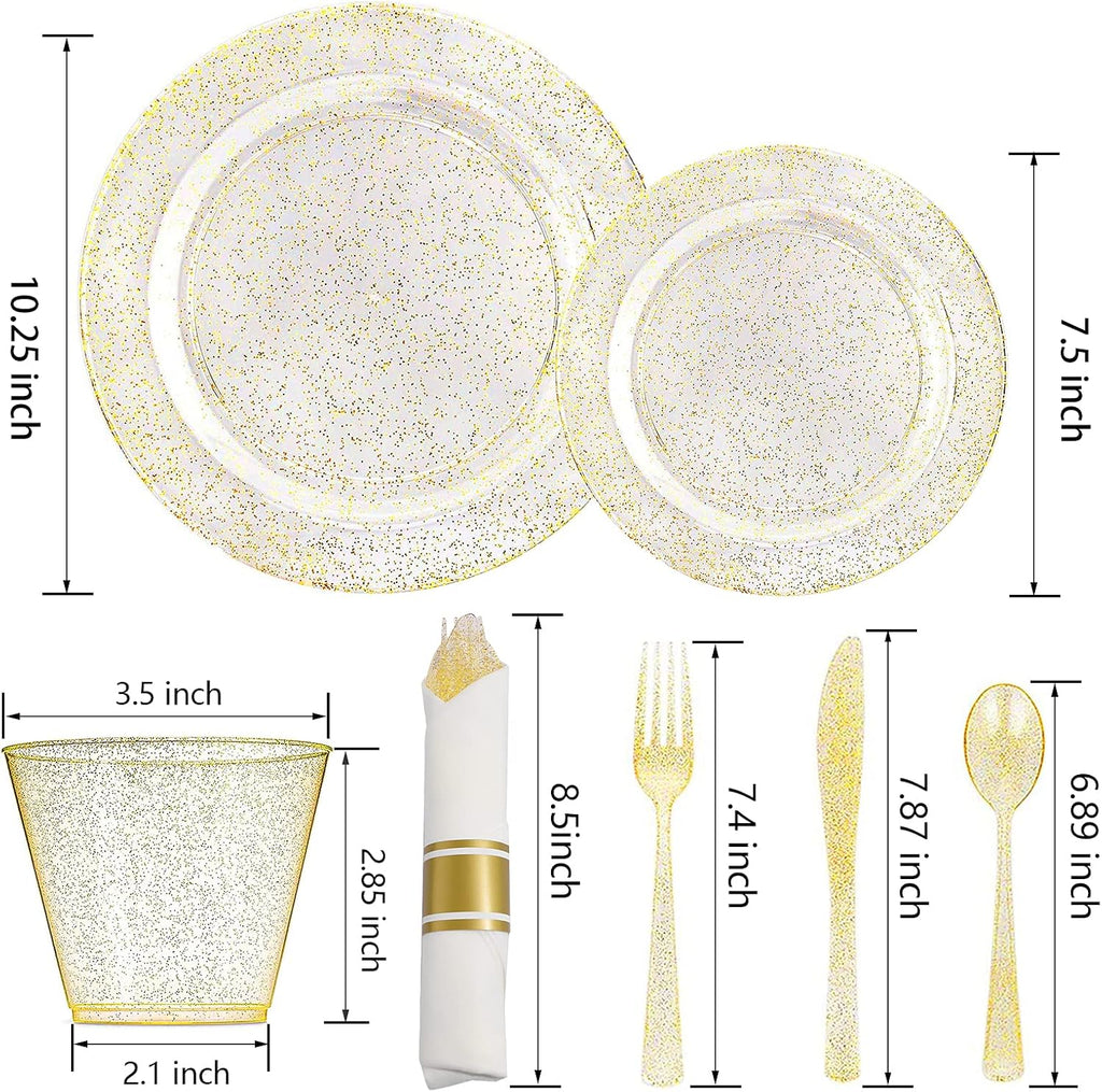 DaYammi 462 Pieces Gold Glitter Dinnerware Set 66 Guest for party- 66 Dinner Plates, 66 Dessert Plates -66 Per Rolled Napkins with Gold Cutlery - 66 Disposable Cups 9 OZ
