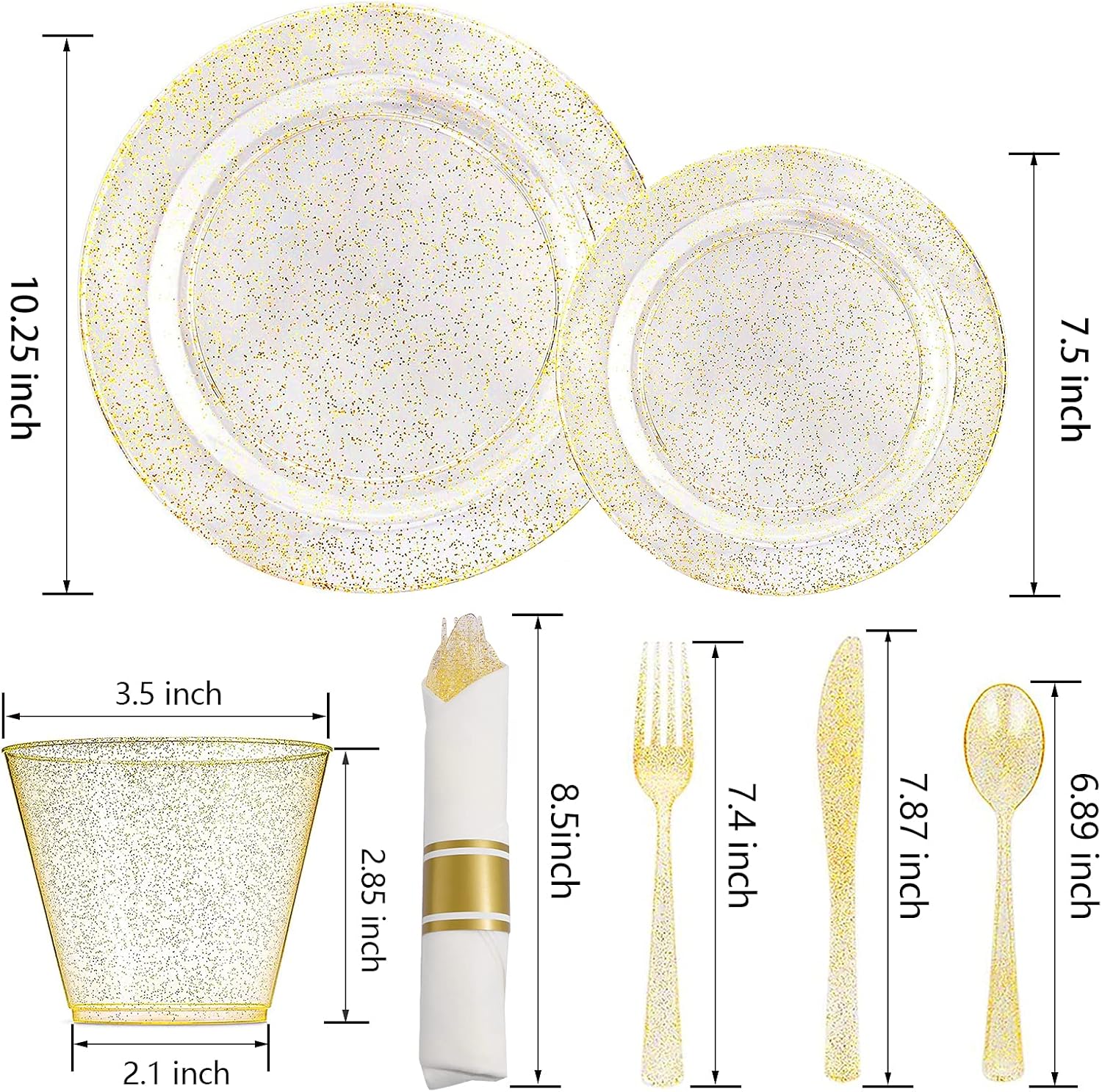 DaYammi 462 Pieces Gold Glitter Dinnerware Set 66 Guest for party- 66 Dinner Plates, 66 Dessert Plates -66 Per Rolled Napkins with Gold Cutlery - 66 Disposable Cups 9 OZ