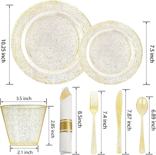 DaYammi 462 Pieces Gold Glitter Dinnerware Set 66 Guest for party- 66 Dinner Plates, 66 Dessert Plates -66 Per Rolled Napkins with Gold Cutlery - 66 Disposable Cups 9 OZ