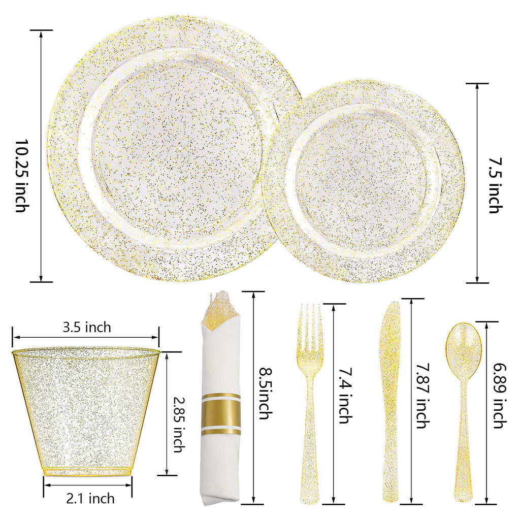 DaYammi 210Pcs White Gold Plastic Plates for Party,Gold Disposable Dinnerware Set Includes 60 gold Floral Plates,30 Plastic Silverware,30 Per Rolled Napkins,30 Cups for Mother's Day Party Wedding