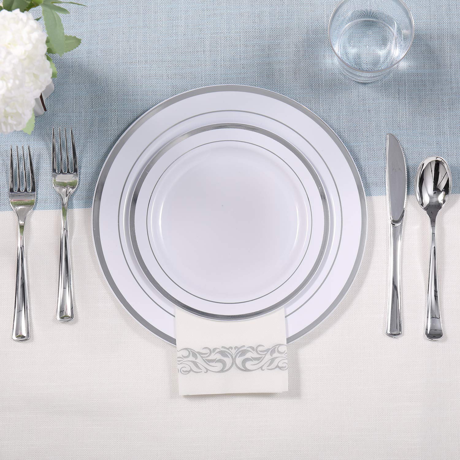 FOCUSLINE 350 Ct Disposable Dinnerware Set for 50 Guests -Heavy Duty Plastic Plates with Gold Rim, Includes 50 Dinner & Salad Plates, Cups, Napkins, Cutlery Set