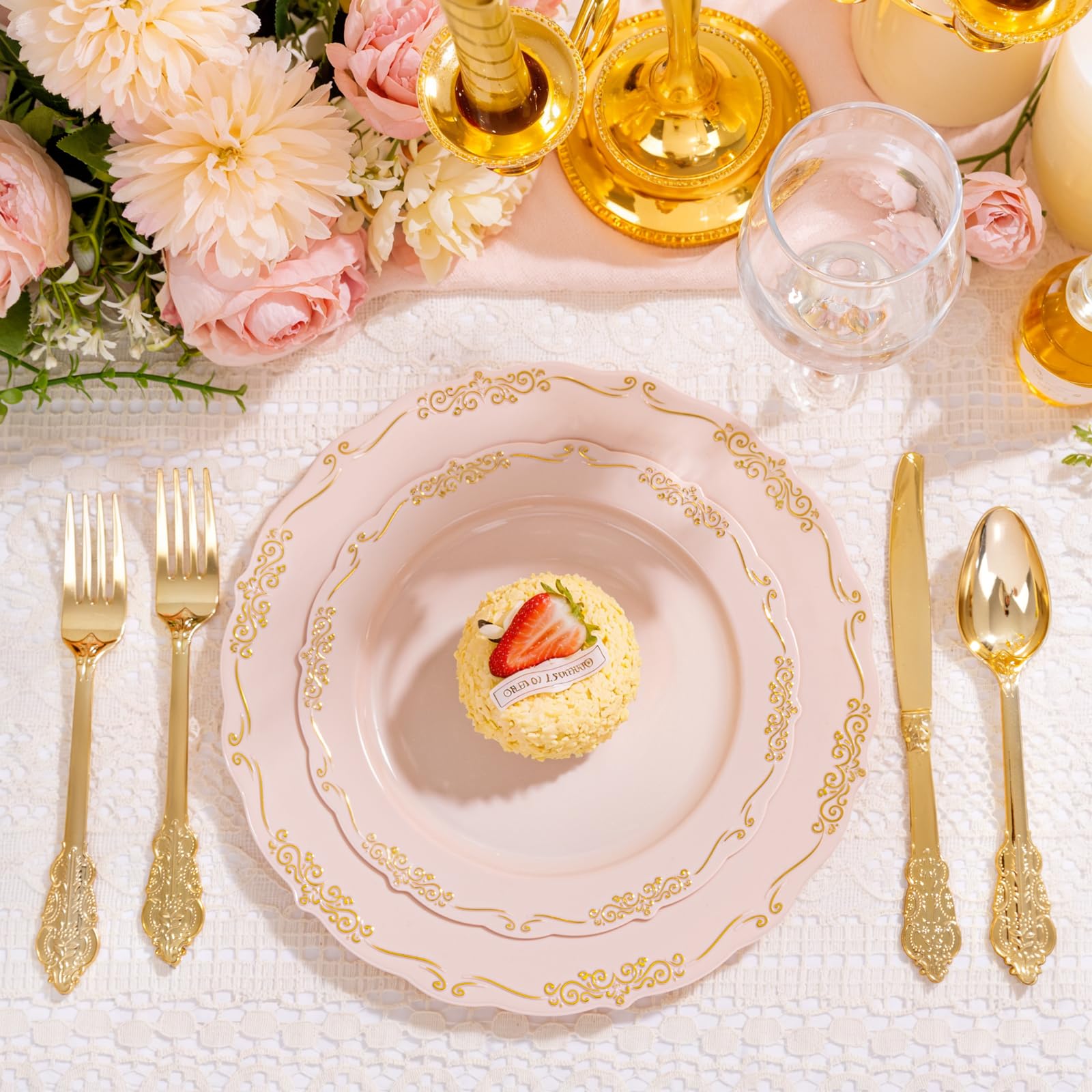 DaYammi 150Pcs Ivory Plastic Plates with Gold Rim,Disposable Plastic Plates Include 30 Dinner Plate,30 Salad Plate,30 Forks,30 Spoons,30 Knives,Ivory and Gold Plates for Party,Wedding,Mother's Day
