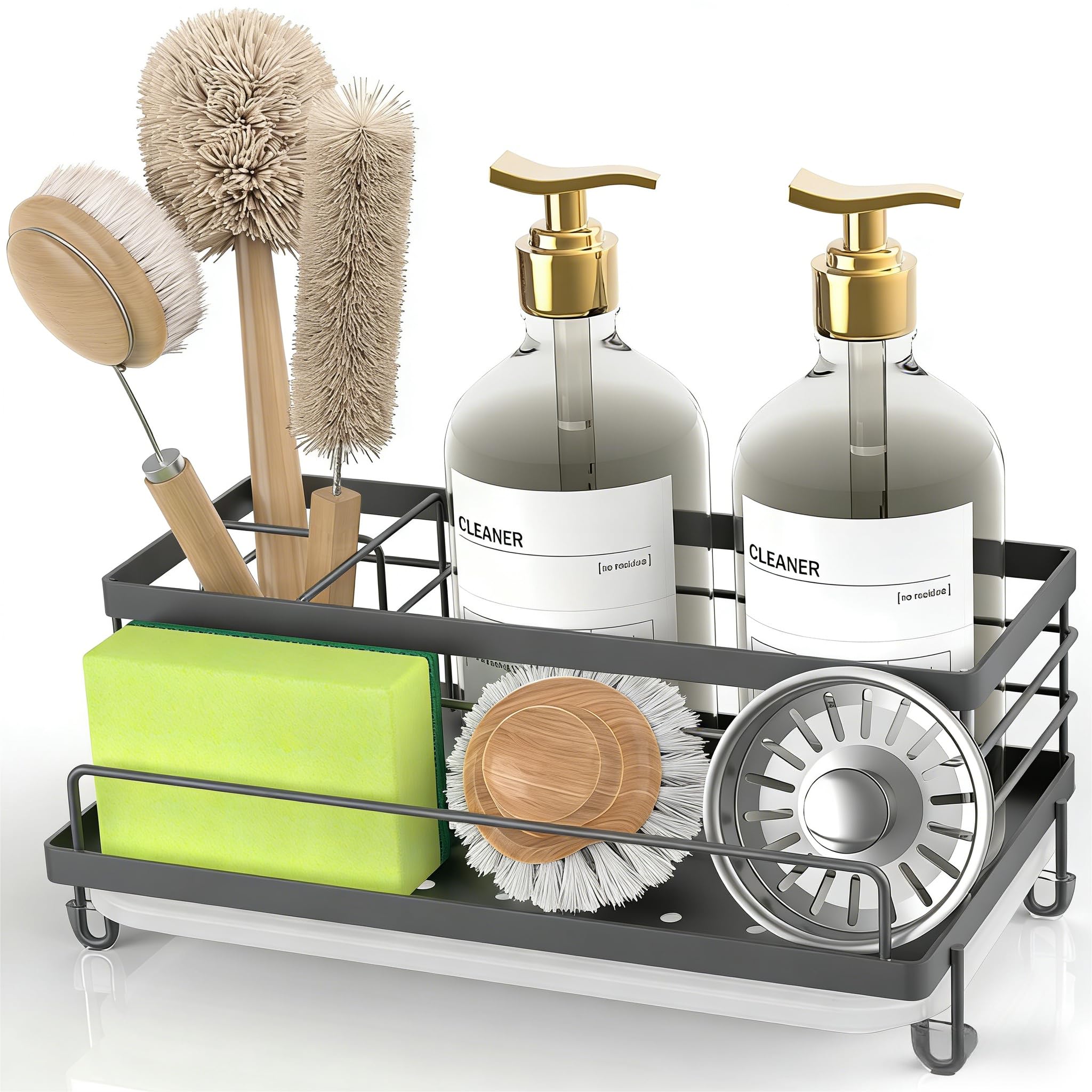 Cisily Black Sponge Holder for Kitchen, Sink Caddy Sink Organizer Rack for Kitchen Accessories with Drip Tray, Rustproof and Non-slip, Soap Dispenser Countertop Organizer Essentials for New Home