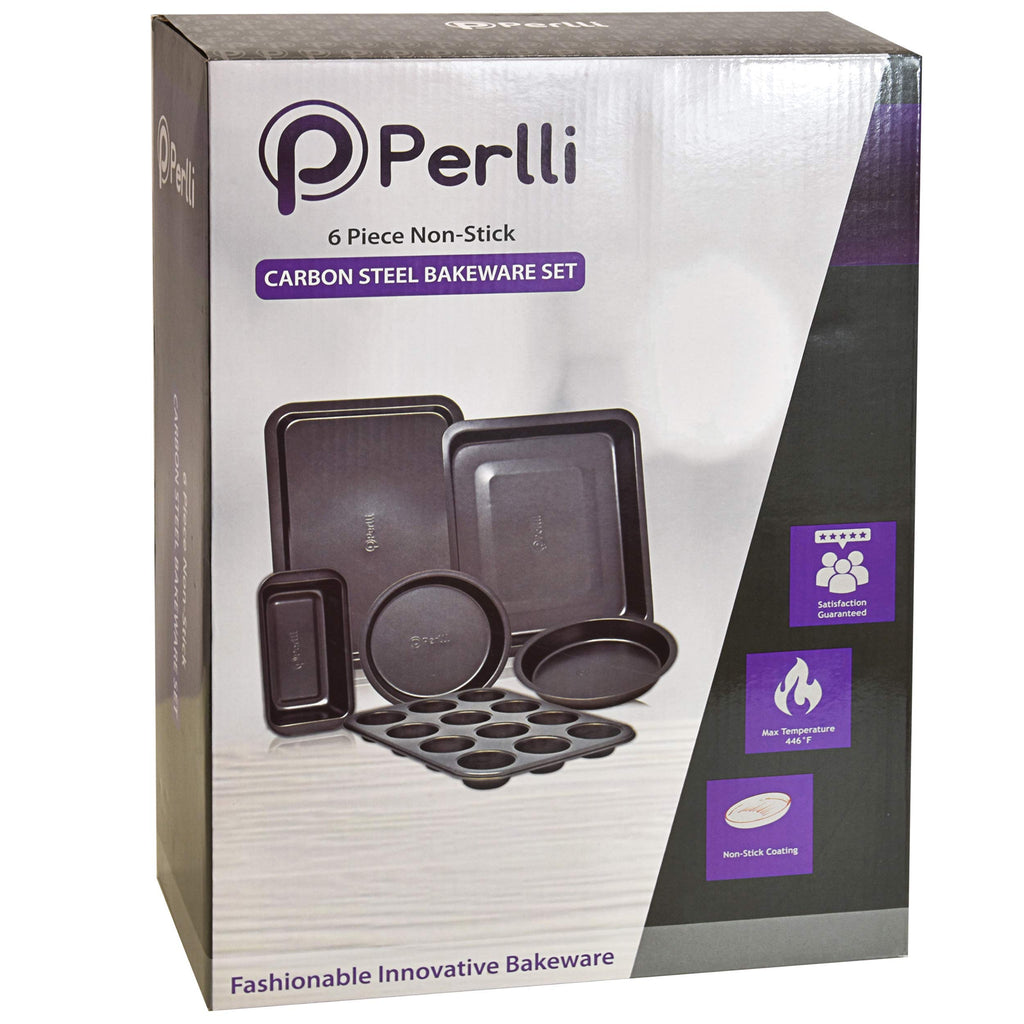 PERLLI Non-Stick 10-Piece Bakeware Set – Carbon Steel with Even Heat Distribution, Oven Safe to 446°F, BPA-Free, Dishwasher Safe, Stackable Baking Tools for Easy Storage and Everyday Cooking - Gray
