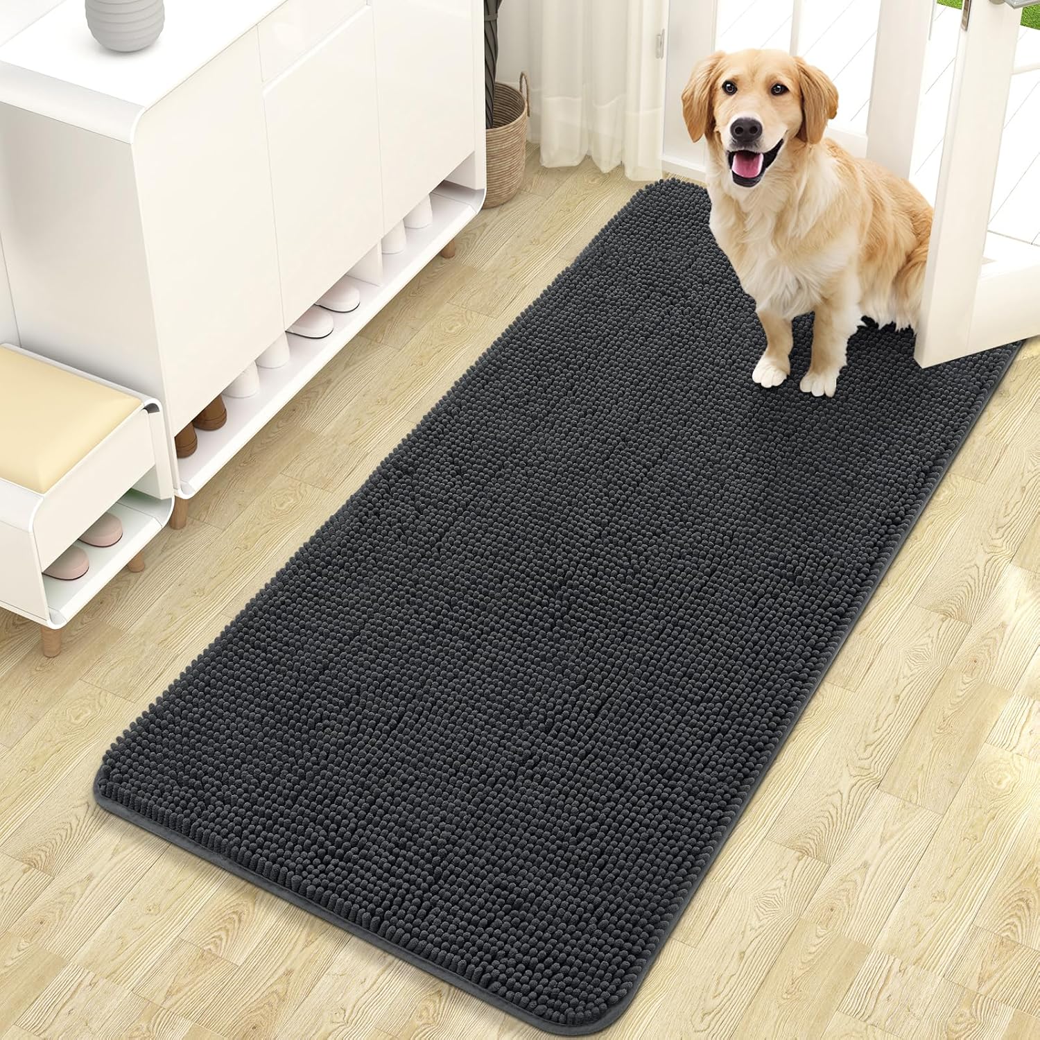 OLANLY Dog Door Mat for Muddy Paws 48x30, Absorbs Moisture and Dirt, Absorbent Non-Slip Washable Doormat, Quick Dry Chenille Mud Mat for Dogs, Entry Indoor Entryway Carpet for Inside Floor, Grey