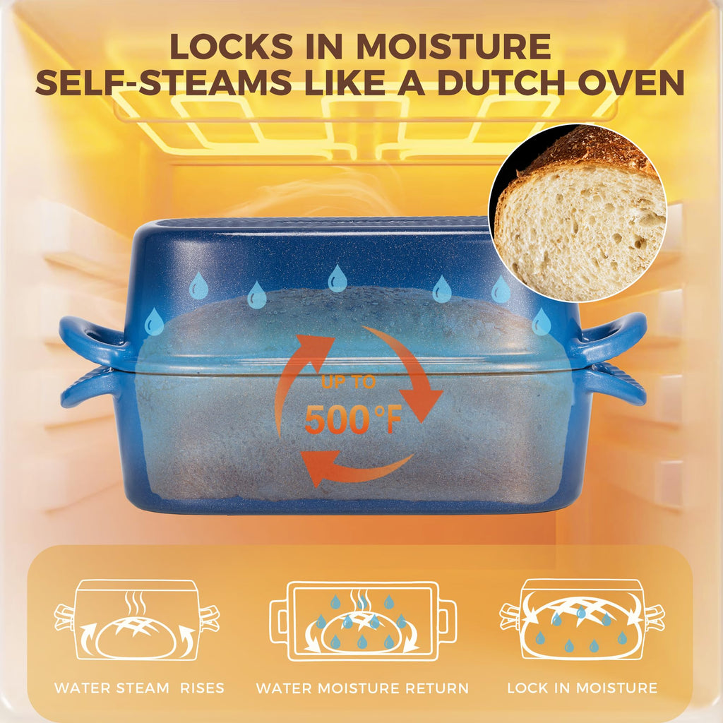HONGBAKE Everline Collection 2 in 1 Enameled Cast Iron Loaf Pan with Lid, 9x5 Bread Pans for Baking Homemade Sourdough, Nonstick Large Banana Baking Tins, Even Heating Bread Dutch Oven, Blue
