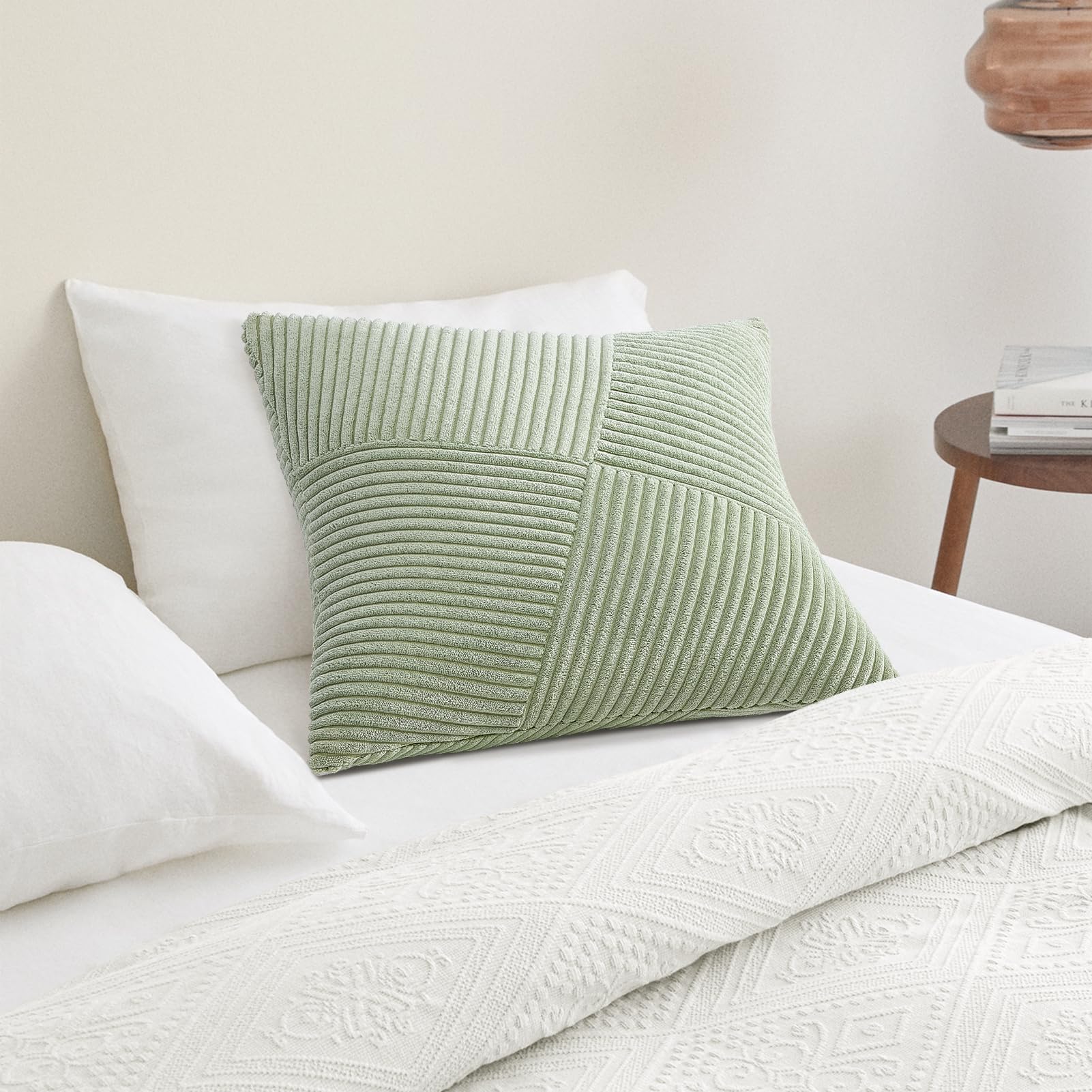 Topfinel Olive Green Decorative Throw Pillow Covers Set of 2 18x18 Inches for Couch Bed Sofa, Boho Aesthetic Home Decor, Soft Corduroy Striped Patchwork Windmill Textured Cushion Cases 45x45 cm