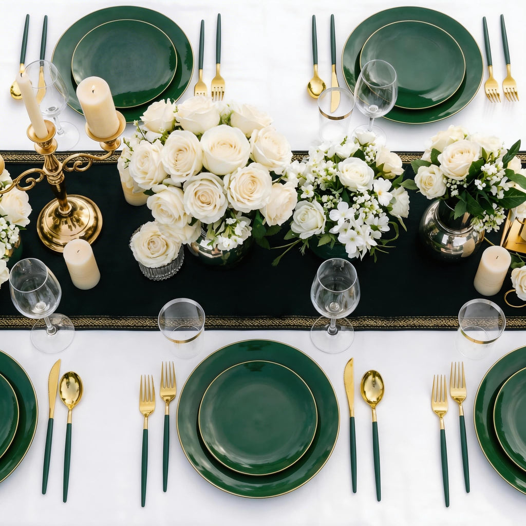 DaYammi 150Pcs Gold Plastic Plates with Disposable Silverware,White Gold Disposable Dinnerware Set - 30 Dinner Plate,30 Dessert Plate,90 Gold Cutlery with White Handles,Fancy Plates for Party Wedding
