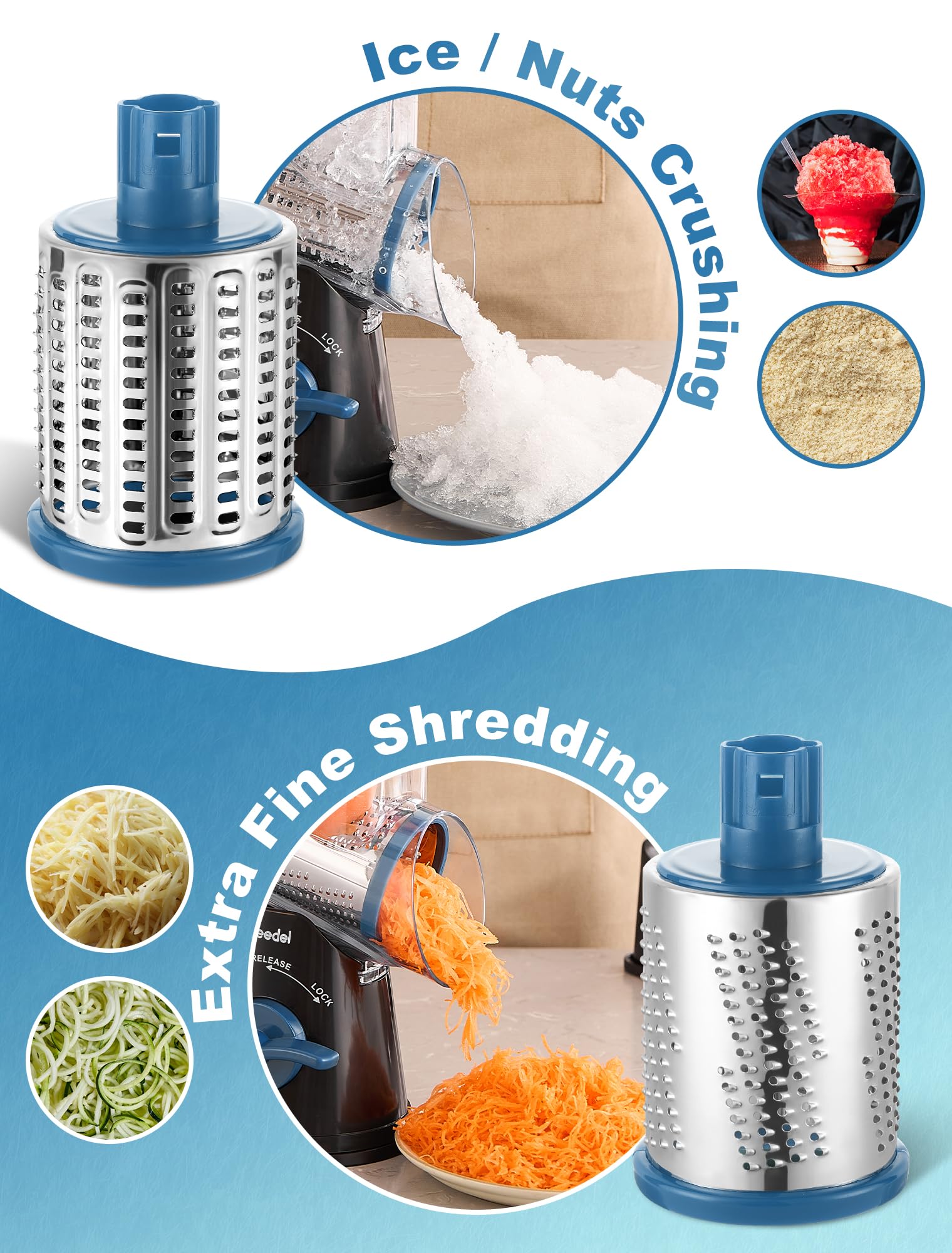 Geedel Rotary Cheese Grater, Kitchen Mandoline Vegetable Slicer with 3 Interchangeable Blades, Easy to Clean Rotary Grater Slicer for Fruit, Vegetables, Nuts