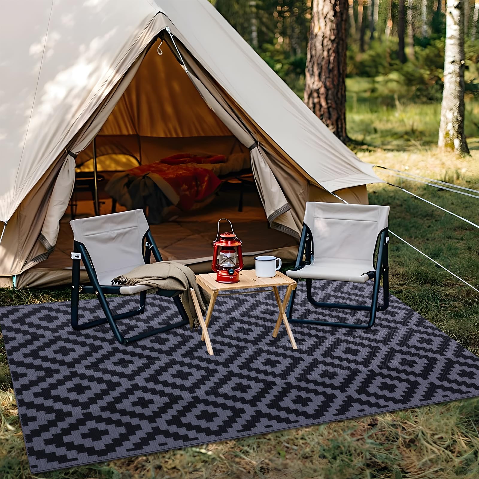 OLANLY Waterproof Outdoor Rug 5x8 ft, Outdoor Plastic Straw Rug for Camping, RV Mat Outside, Indoor Outdoor Carpet for Porch, Deck, Backyard, Balcony, Picnic, Black & White