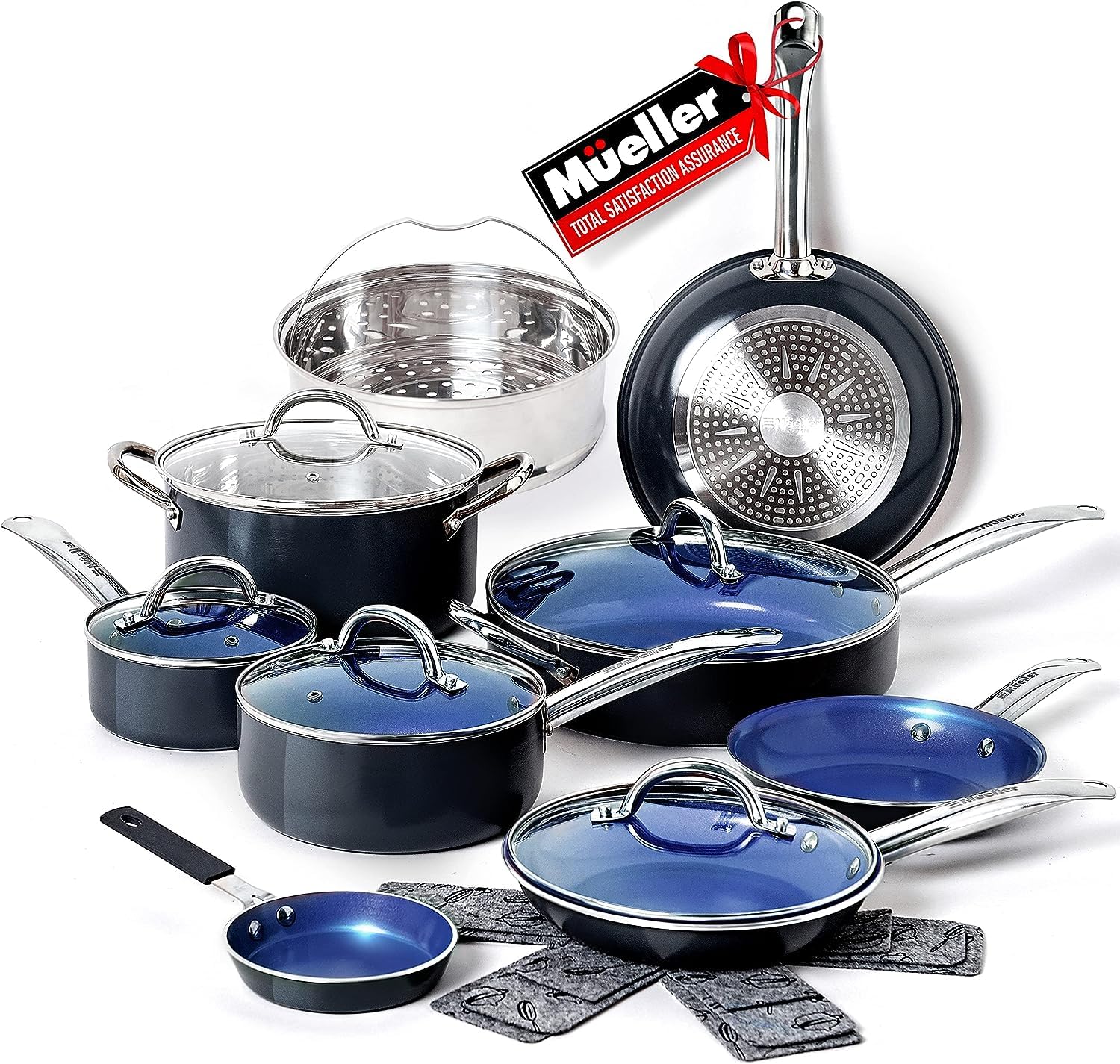 Mueller Pots and Pans Set 17-Piece, Ultra-Clad Pro Stainless Steel Cookware Set, Ergonomic EverCool Handle, Induction Cookware, Includes Saucepans, Skillets, Dutch Oven, Stockpot, Steamer For Cooking