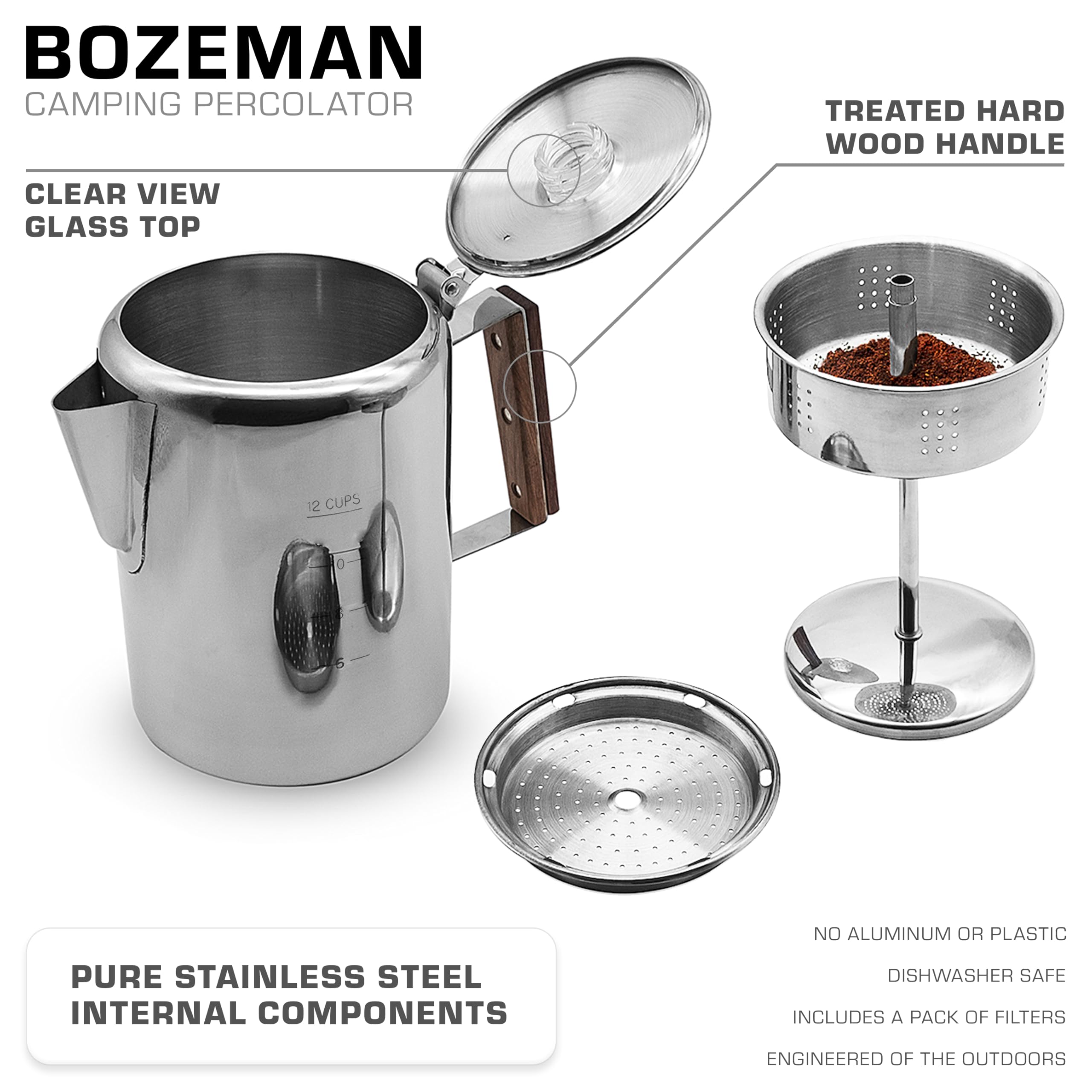COLETTI Bozeman Percolator Coffee Pot — NO Aluminum or Plastic [9 cup]