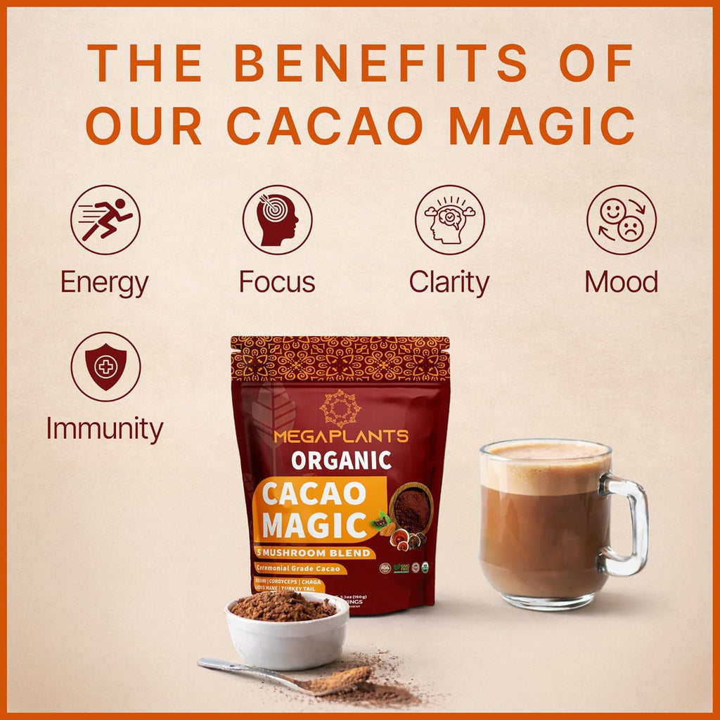 MegaPlants Cacao Magic | Superfood 5 Mushroom Blend | Lions Mane, Reishi, Chaga, Cordyceps, Turkey Tail | Smoothie, Hot Chocolate, Coffee Alternative