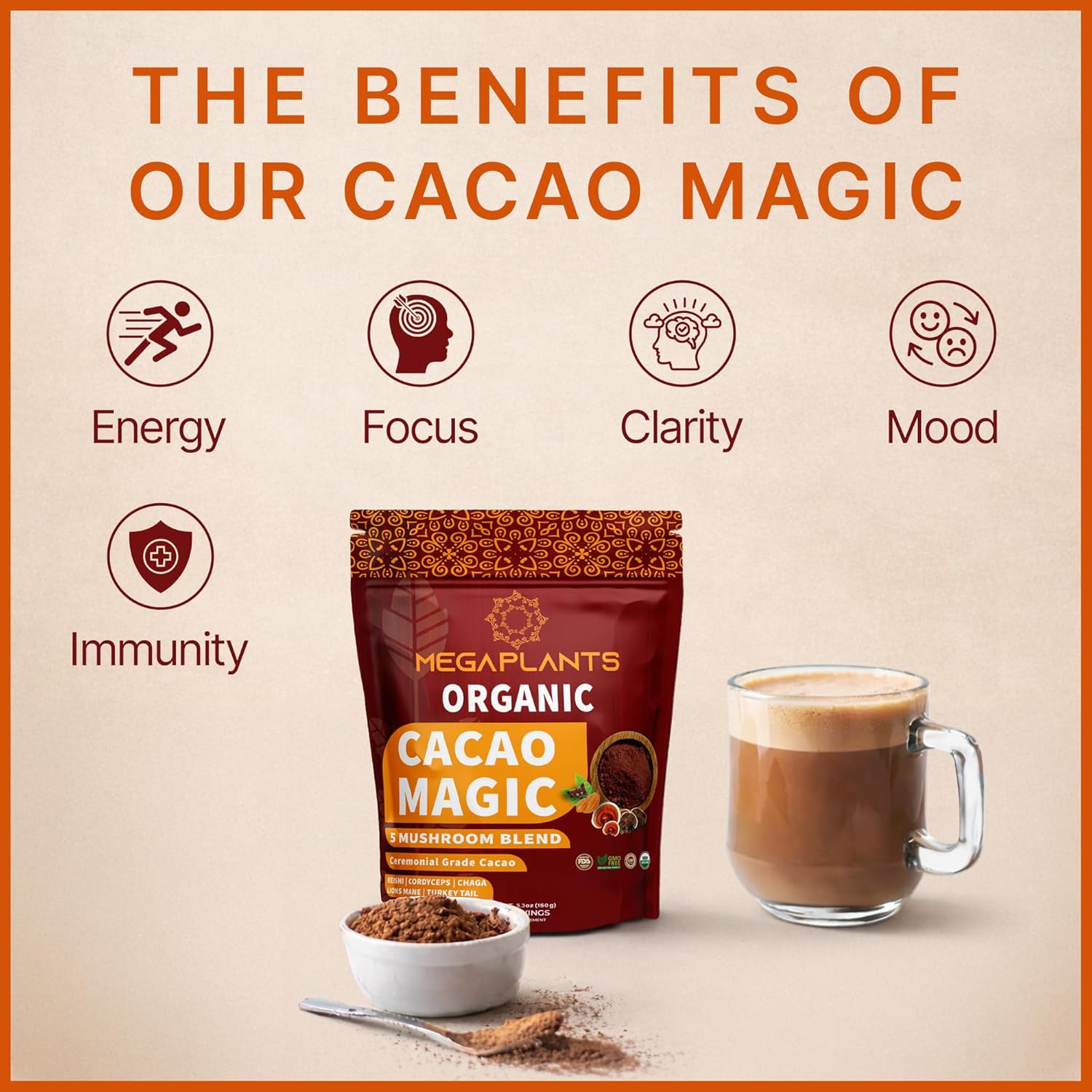 MegaPlants Cacao Magic | Superfood 5 Mushroom Blend | Lions Mane, Reishi, Chaga, Cordyceps, Turkey Tail | Smoothie, Hot Chocolate, Coffee Alternative