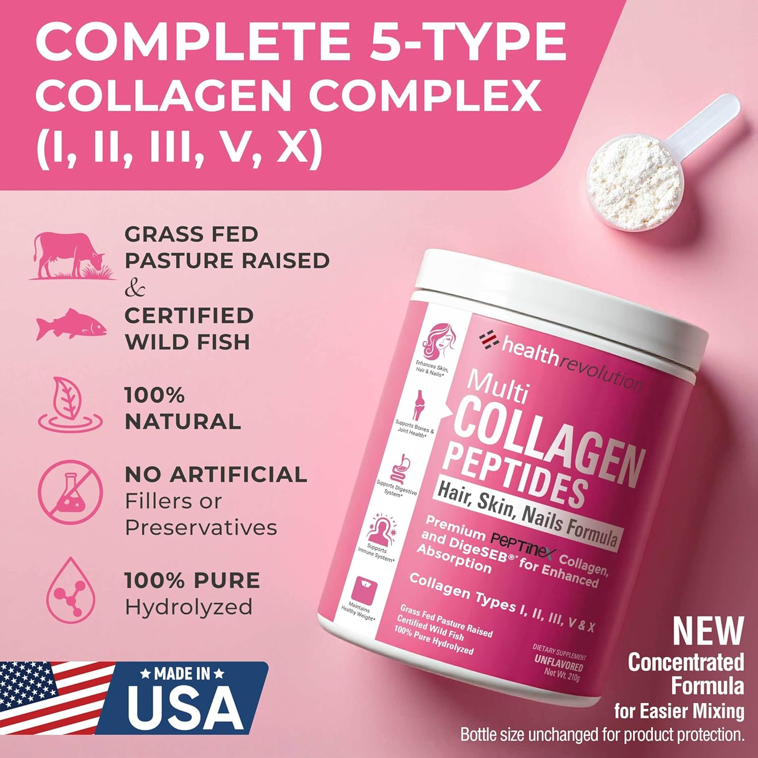 Multi Collagen Protein Powder, Type I, II, III, V, X - 5 Hydrolyzed Collagen Peptides, Skin, Hair, Nails & Joints, Triple Refined for Easy Mixing, 99% Absorption Rate, Non-GMO, Gluten-Free, Unflavored