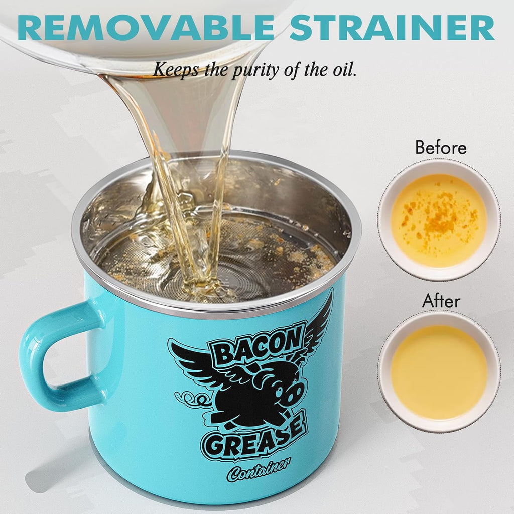 PGYARD Mini Bacon Grease Container With Strainer - 15OZ Farmhouse Enamel Grease Saver, Fat Storage For Kitchen, Dishwasher Safe-Light Blue