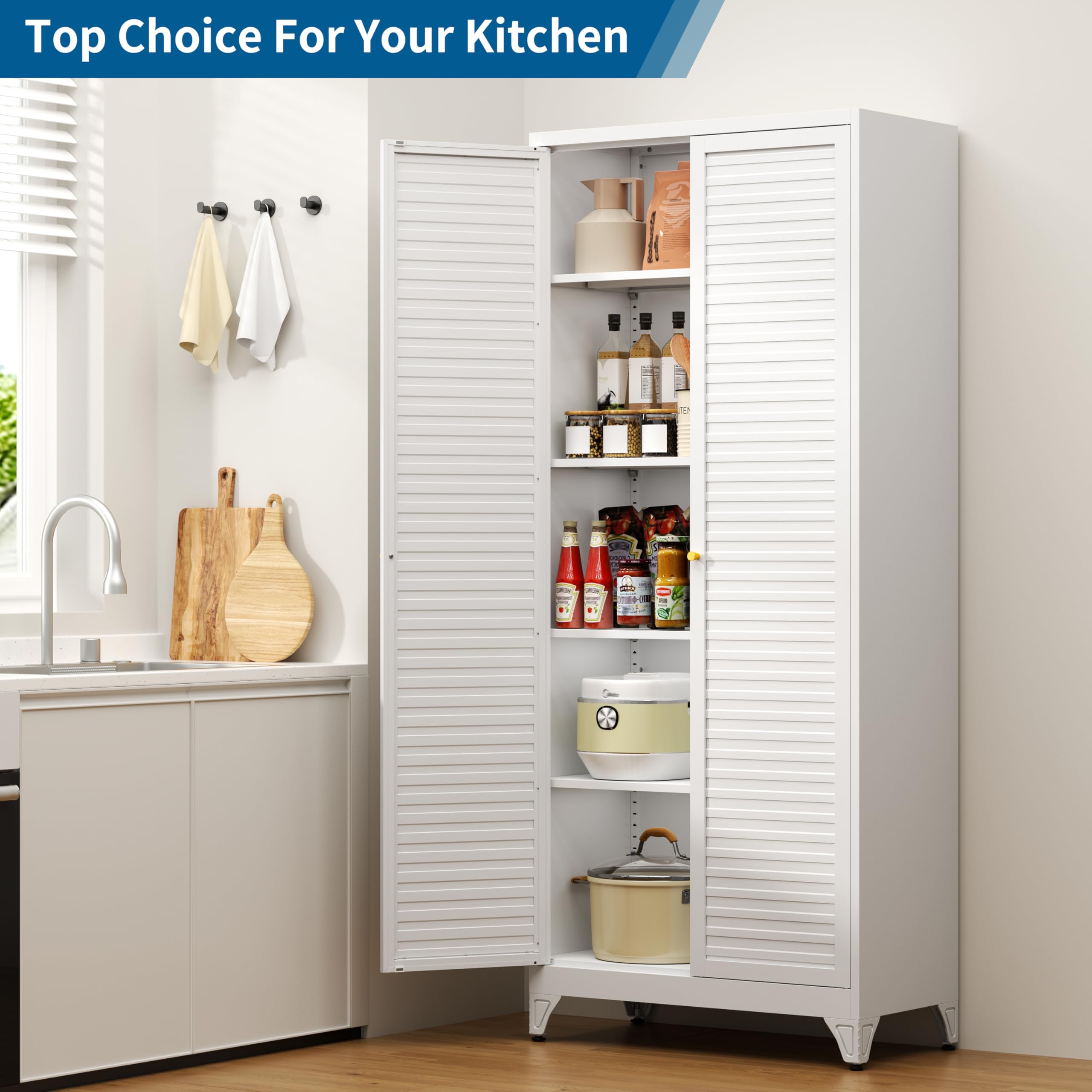 75" Tall Metal Kitchen Storage Cabinet,White Kitchen Pantry Storage Cabinet with Doors and 4 Adjustable Shelves,Utility Cabinet for Living Room,Garage,Dining Room and Office,Assemble Required