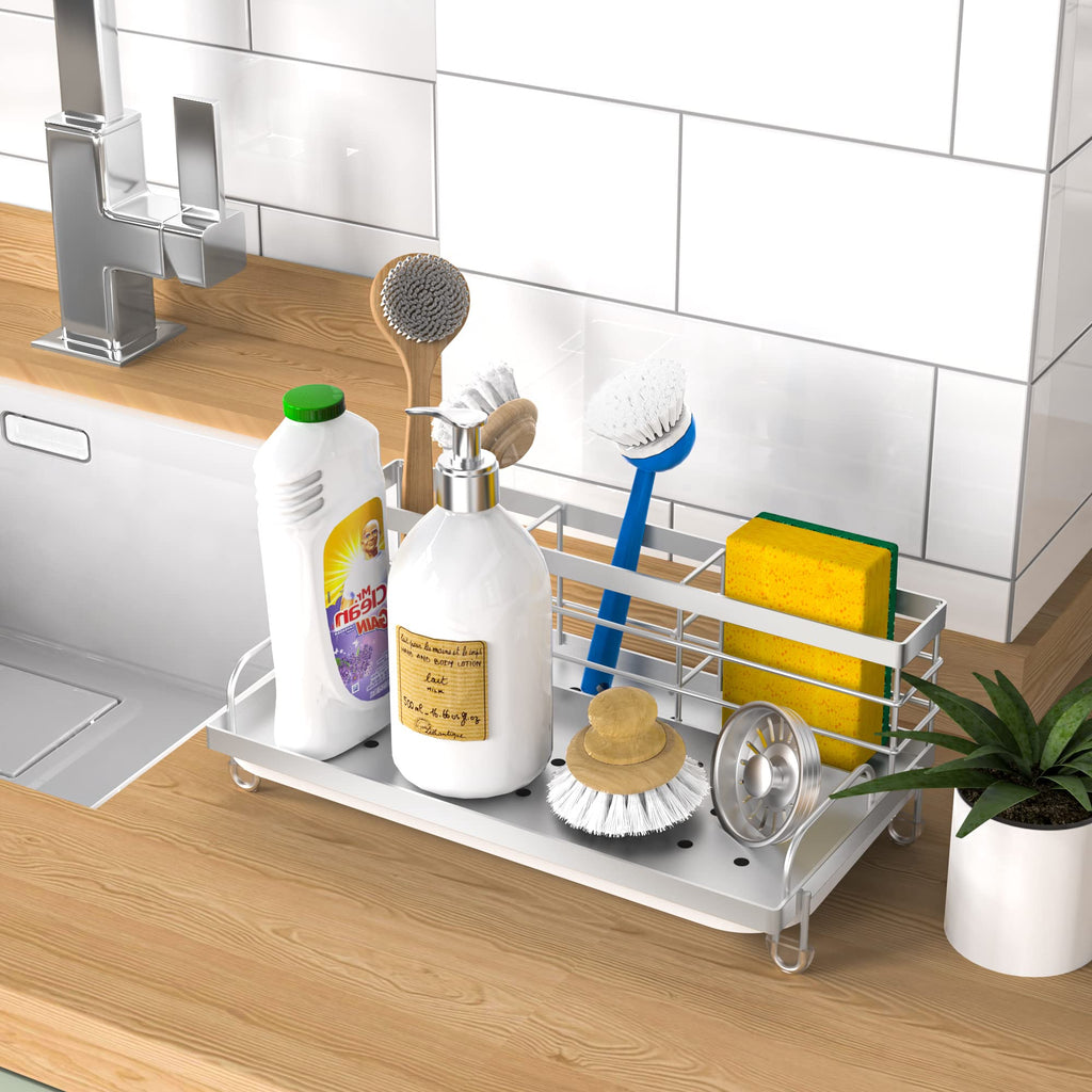 Cisily Kitchen Sink Caddy Organizer, Rustproof Non-Slip Soap Dish Dispenser Brush, Sponge Holder, Silver